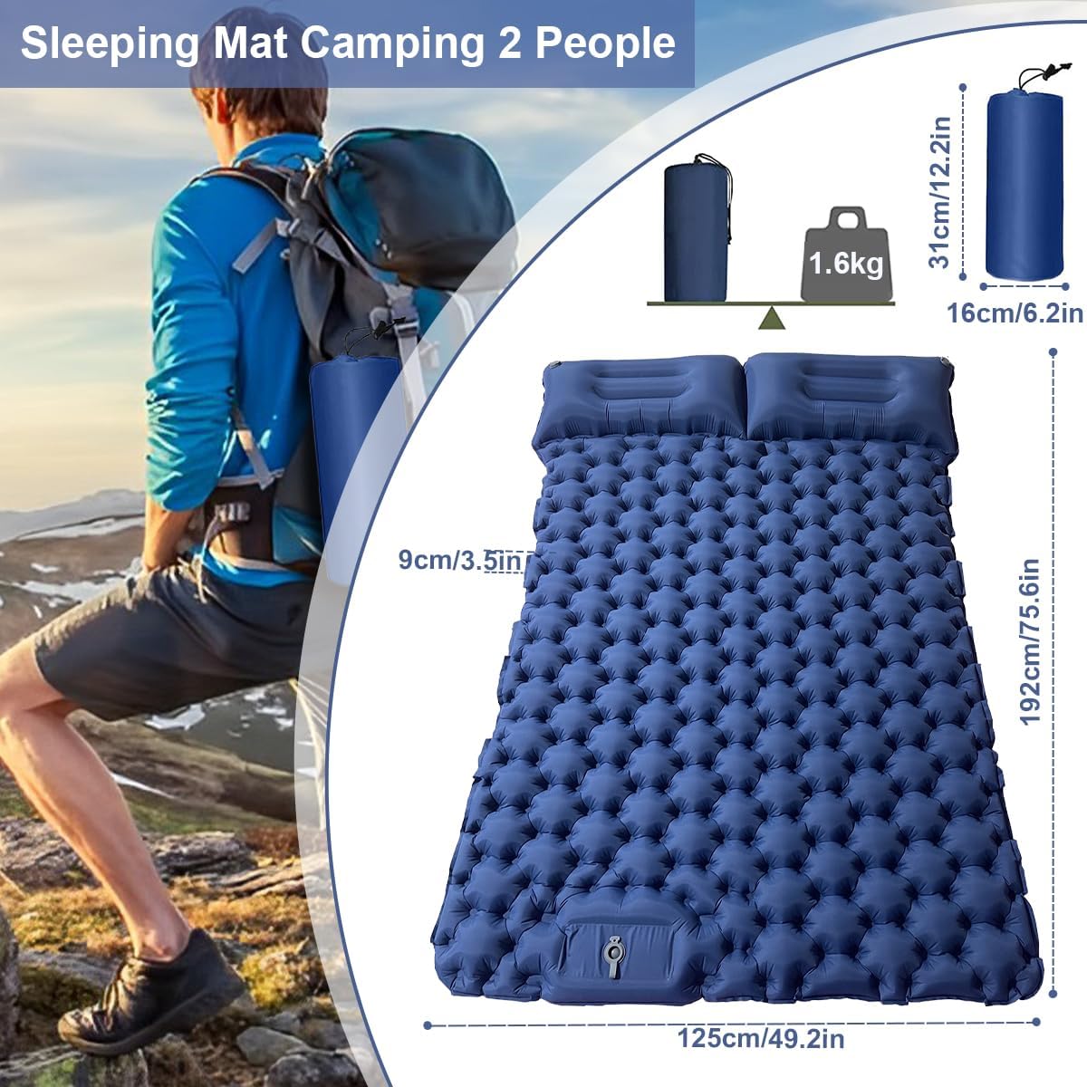 Matelas Camping Autogonflant 2 Places – 9 Cm D'épaisseur, Pompe à Pied Intégrée, Oreiller, Imperméable Et Léger