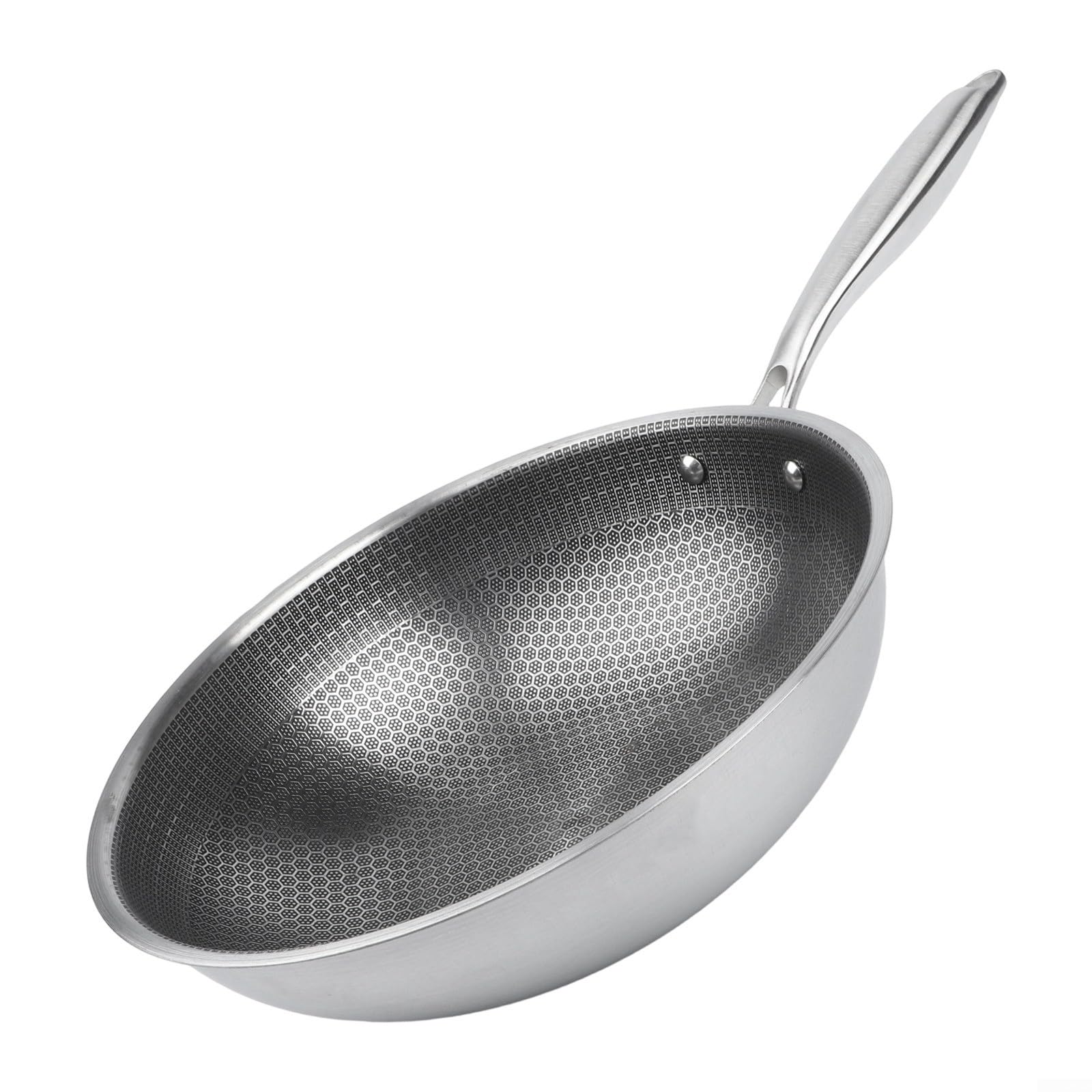 Wok in acciaio inox con rivestimento antiaderente – senza PFAS, motivo a nido d'ape antigraffio, lavabile in lavastoviglie, per forno a induzione a gas, 30 cm, argento (32 x 32 x 11 cm)
