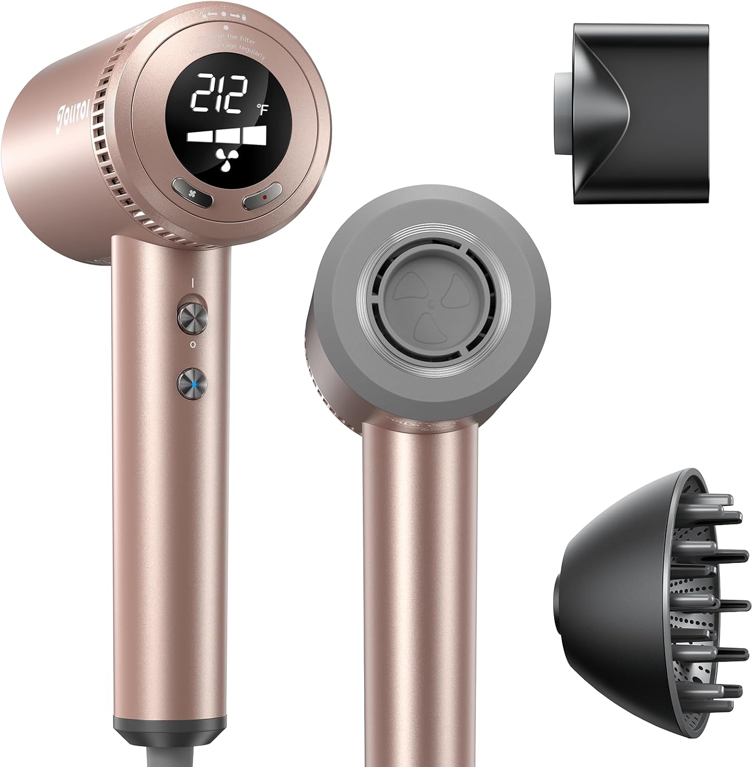 Jolitoi Hair Dryer with Diffuser - Professional High Speed Ionic Blow Dryer with 110,000 RPM Motor for Fast Drying, Low Noise Hairdryer with Magnetic Nozzle, Hair Dryer for Women, Rose Gold