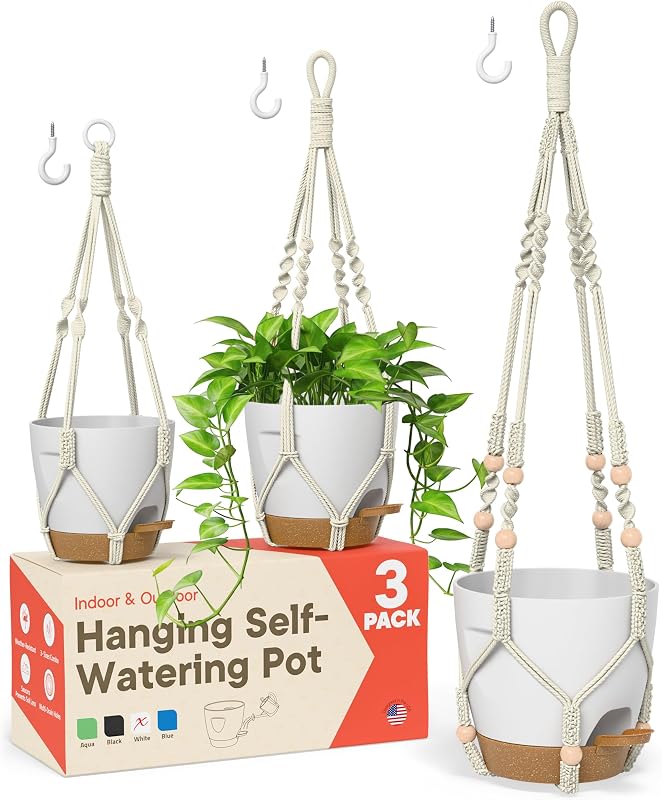White Hanging Self Watering Pots with Macrame Ivory Rope, 3 Pack Indoor & Outdoor Hanging Plant Pots with Built-in Reservoir, Wick Rope, Drainage Holes & Hooks, Stylish Boho Decor Hanging Planter