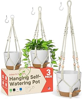 White Hanging Self Watering Pots with Macrame Ivory Rope, 3 Pack Indoor ...
