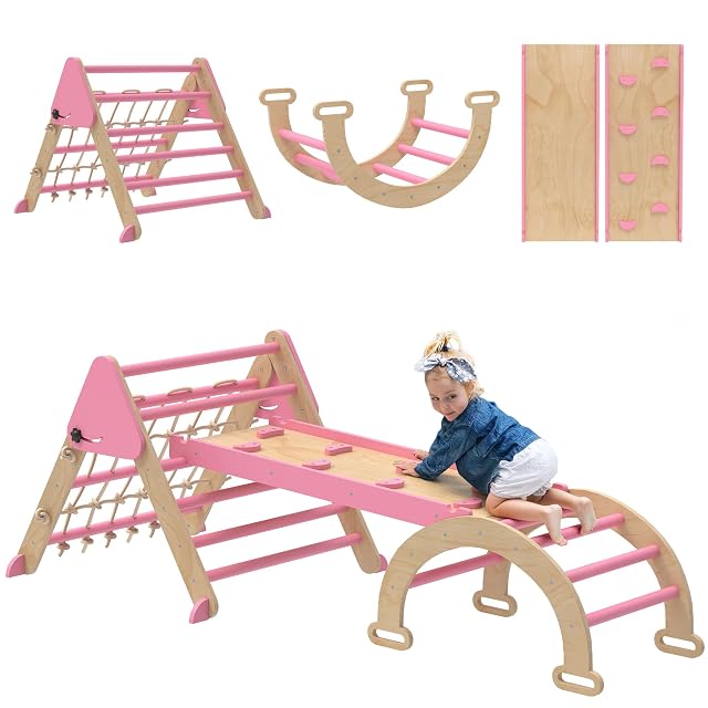 Qaba Set triángulo Pikler 8 en 1 Plegable para niños 18-48 Meses, Rosa