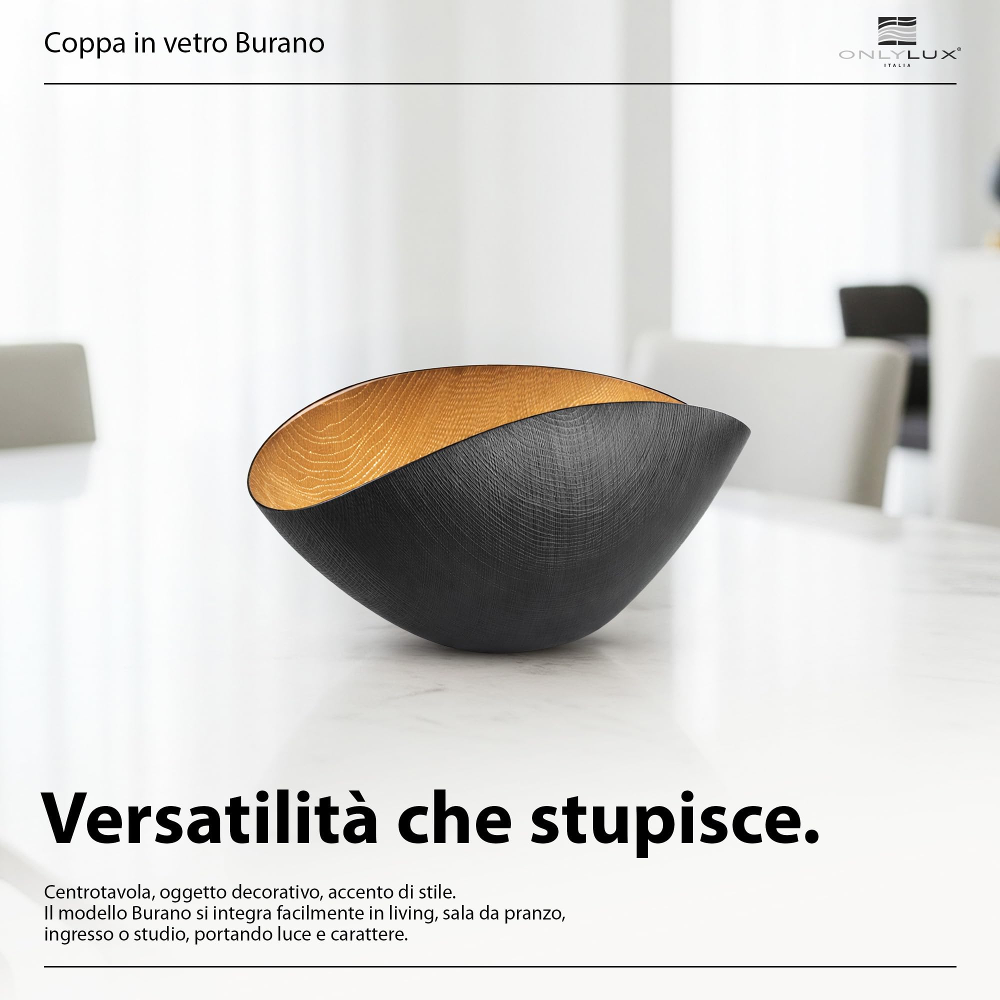 Onlylux Coppa Burano in Vetro Centrifugato Decorato a Mano - Centrotavola Decorativo 28 x 9,5 cm - Coppa in Vetro Artigianale per Arredo Casa - Nero Mat Oro