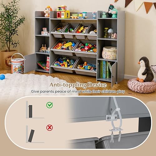 Miniatura 7 de HONEY JOY Organizador de almacenamiento de juguetes para niños, armario de almacenamiento de piso de madera con 8 contenedores extraíbles, estante