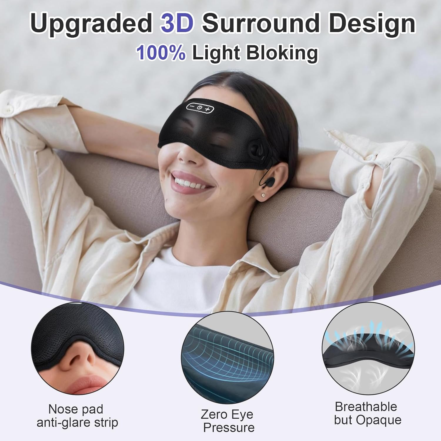 Sleep Headphones Wireless Bluetooth 5.4, 100% Blackout Sleep Mask with Bluetooth Headphones with HiFi Stereo in-Ear Earbuds, 3D Weighted Eye Mask for Sleeping Travel Meditation Men Women