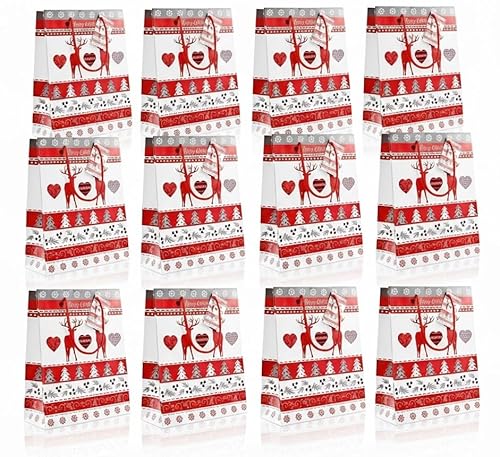 Bambelaa! 12 Stück Geschenktüten Weihnachten Geschenktaschen Klein Papiertüten Weihnachtstüten 128 g Papier Hirsch Rot Weiß Matt (Ca. 18x8x23 cm)
