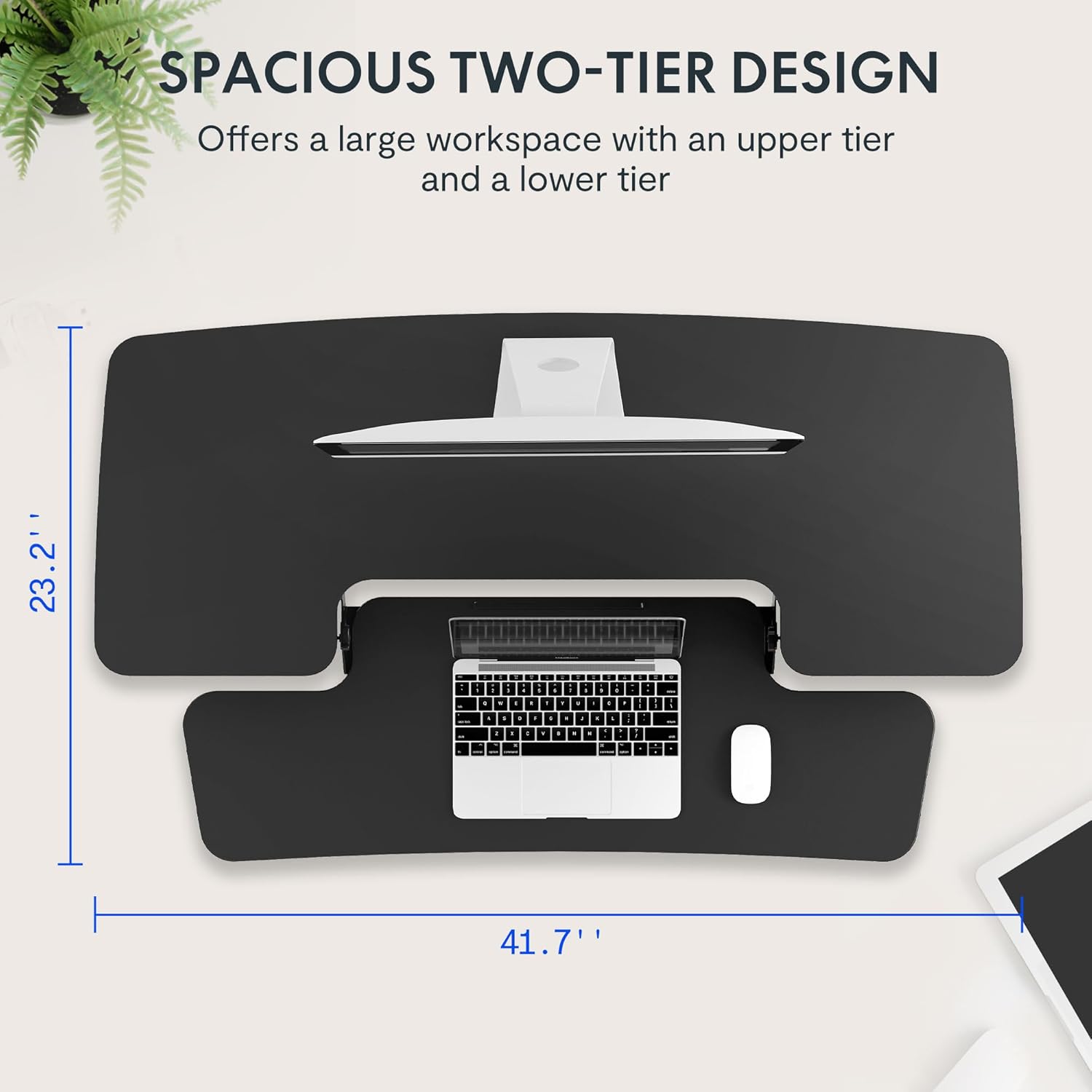 Diagram illustrating the height adjustment range of the desk riser from 4.7 inches to 19.7 inches.