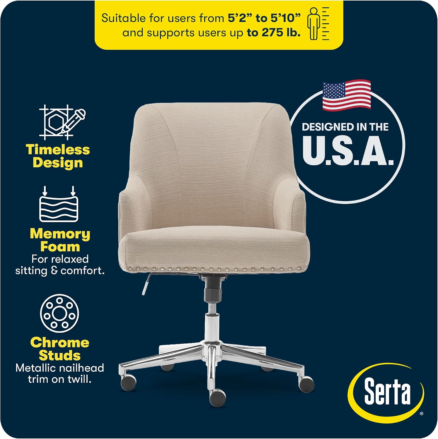 Serta Leighton Home Office Desk Chair, Mid-Back with Chrome Nailheads, Memory Foam Cushion and Padded Arms, Modern Makeup Vanity Armchair with Wheels, Swivel Base, Twill Fabric, Stoneware Beige