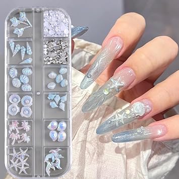 3D Summer Beach Resin Nail Charms, Aurora Shell Starfish Conch Fishtail Nail Decorations with Flatback Pearls and Rhinestones Gems for Nail Art DIY Crafts Manicure Jewel Accessories