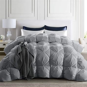 puredown Grey Goose Down Comforter Twin Size 800 Fill Power, 100% Cotton All Season Duvet Insert 700 Thread Count, Cloud Fluffy Pinch Pleat Extra Warmth