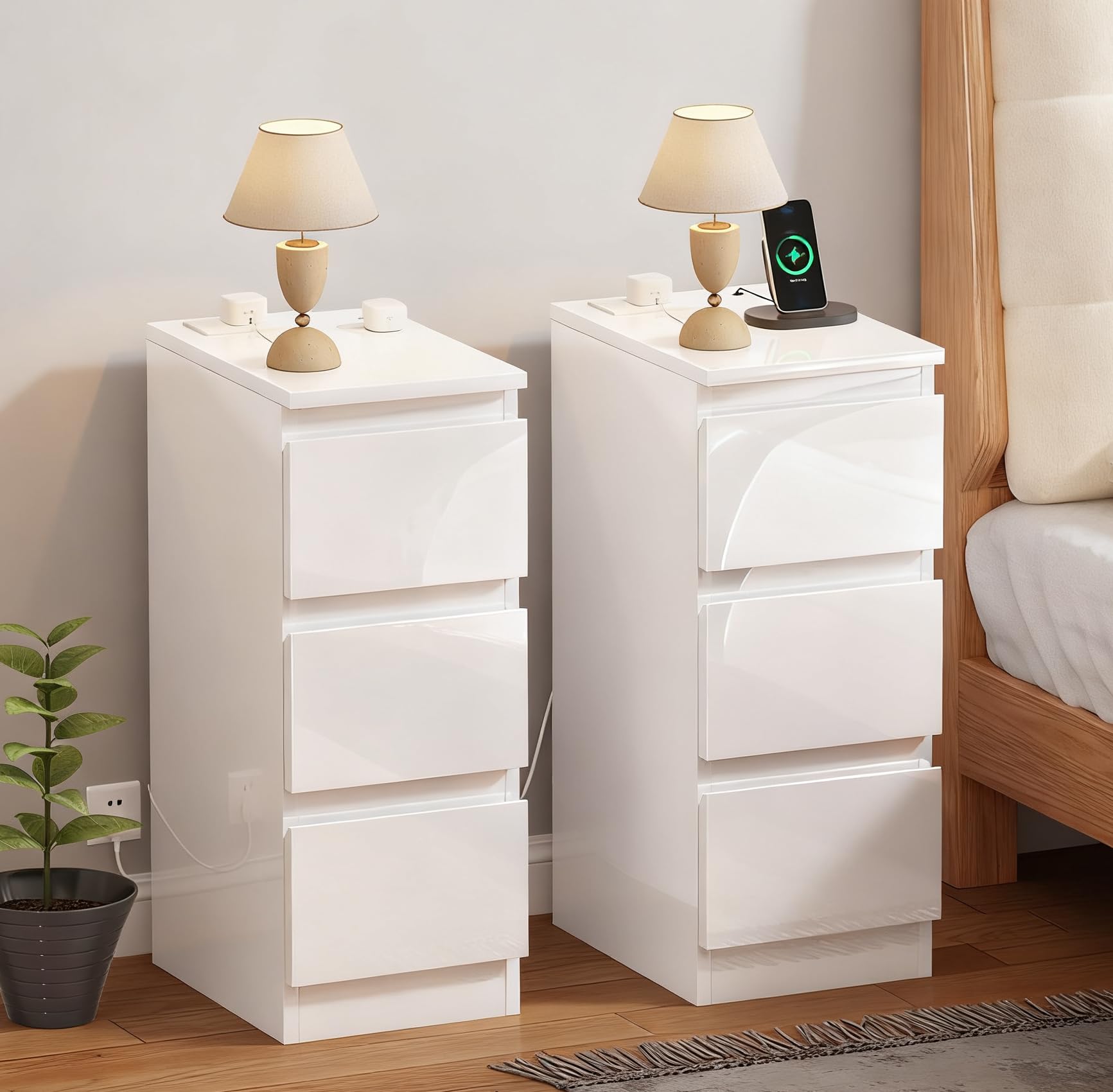 Pantanal Set of 2 Slim Bedside Table 3 Drawers Cabinet Nightstand with Charging Station, 25CM Small Narrow Side Table End Table Wood with 2 USB Ports & Power Sockets for Bedroom Living Room โ image 1