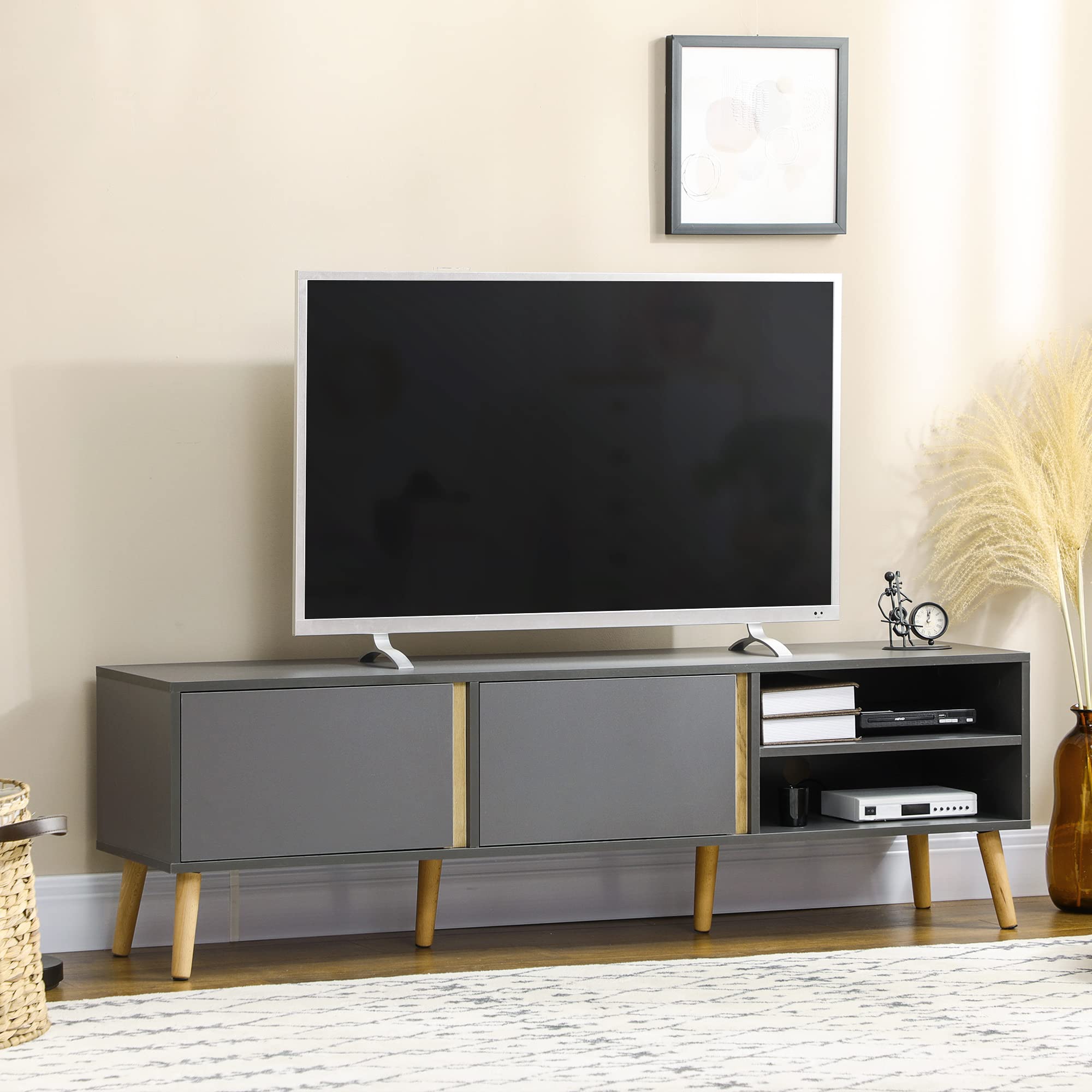 HOMCOM Mobile TV Design scandinavo 55 pollici 150 x 35 x 45 cm, grigio scuro | Panca TV, 2 porte, 2 nicchie, con passacavi, per TV fino a 55 pollici