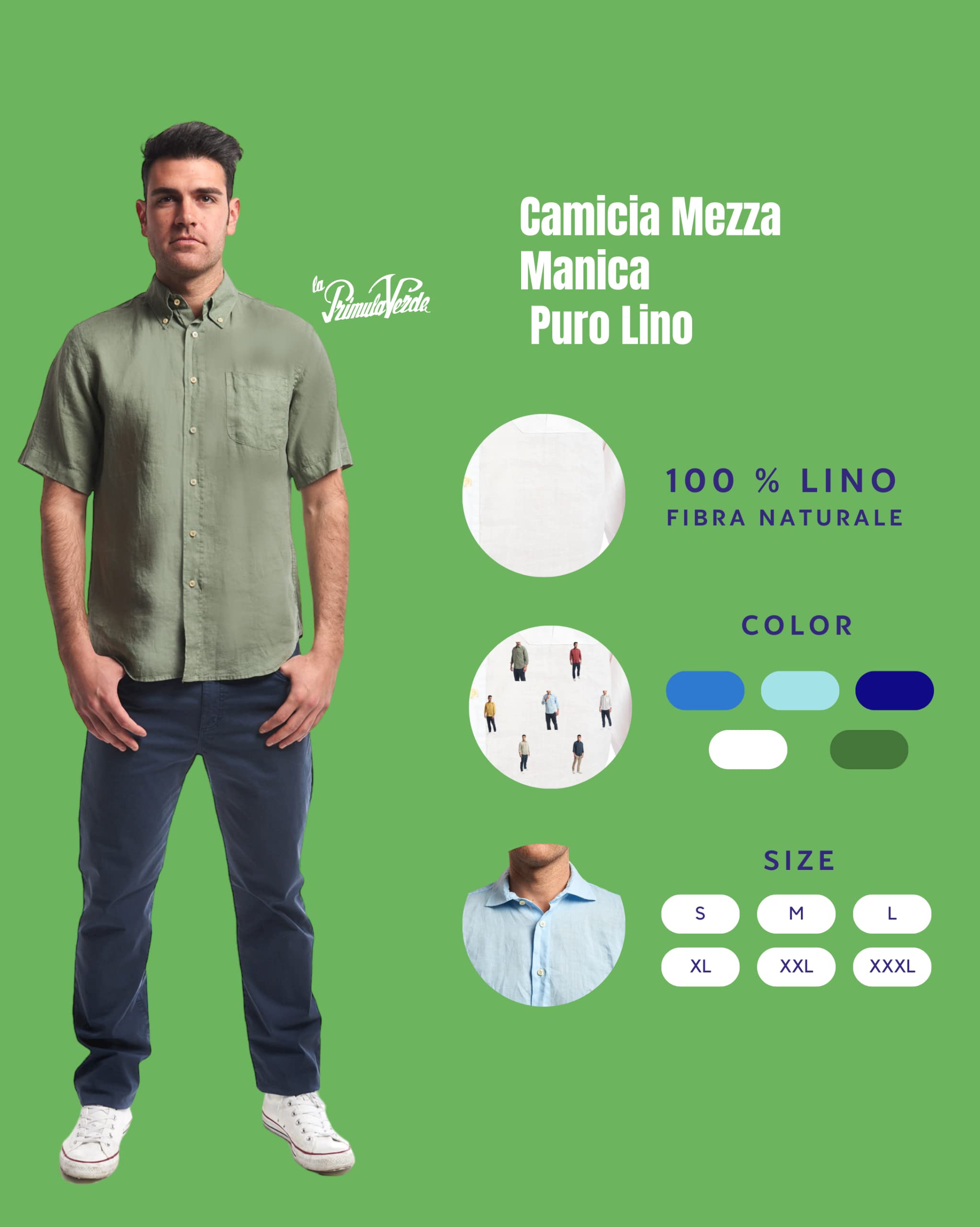 Herrenhemd aus reinem Leinen, Typ T Shirt für Herren, halbe Ärmel, in 5 Farben, Weiß, Hellblau, Grün, Avio, Blue Label von S bis 3XL, Himmelblau, XXXL