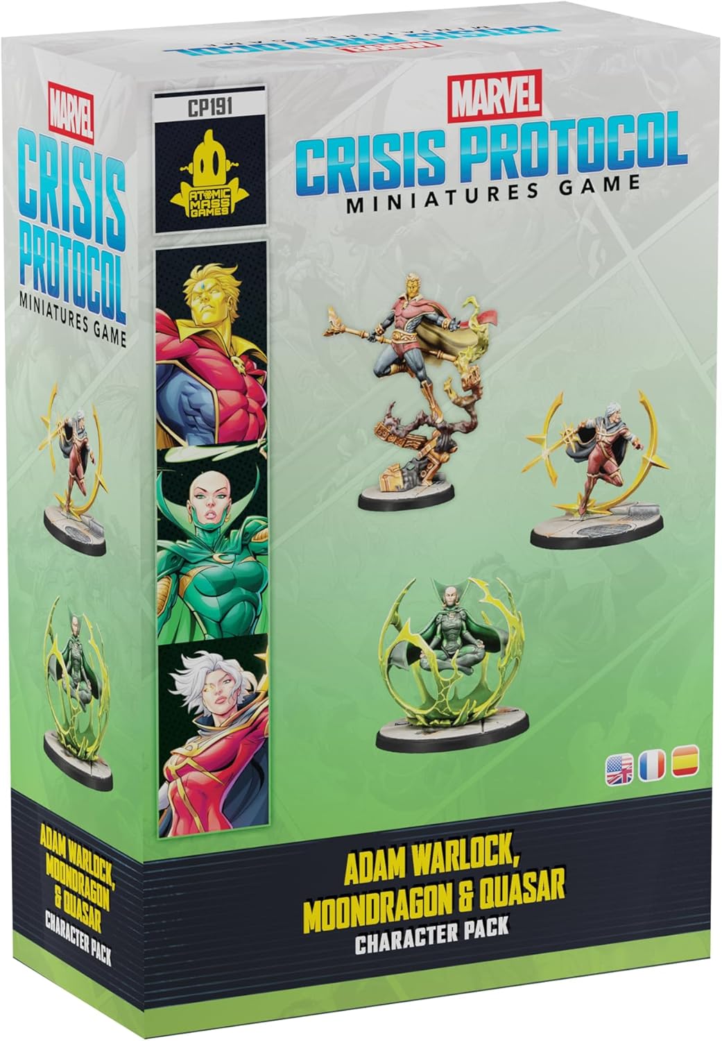 Asmodee Marvel: Crisis Protocol Adam Warlock, Moondragon & Quasar Character Pack - Includes 3 Miniatures, Tactic Cards & Infinity Gems, Tabletop Superhero Game, Ages 14+, 2 Players, 90 Min Playtime