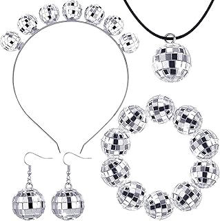 Hicarer Disco Ball Accessories 70s Disco Costume for Women Disco Ball Headband Disco Ball Earrings Disco Ball Necklace Disco Ball Bracelet 1970 Disco Ball Costume Accessories for Women