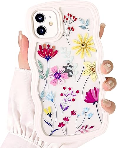 NITITOP Funda compatible con iPhone 11, bonita funda transparente floral y rizada para mujeres y niñas, forma de marco ondulado, a prueba de golpes,
