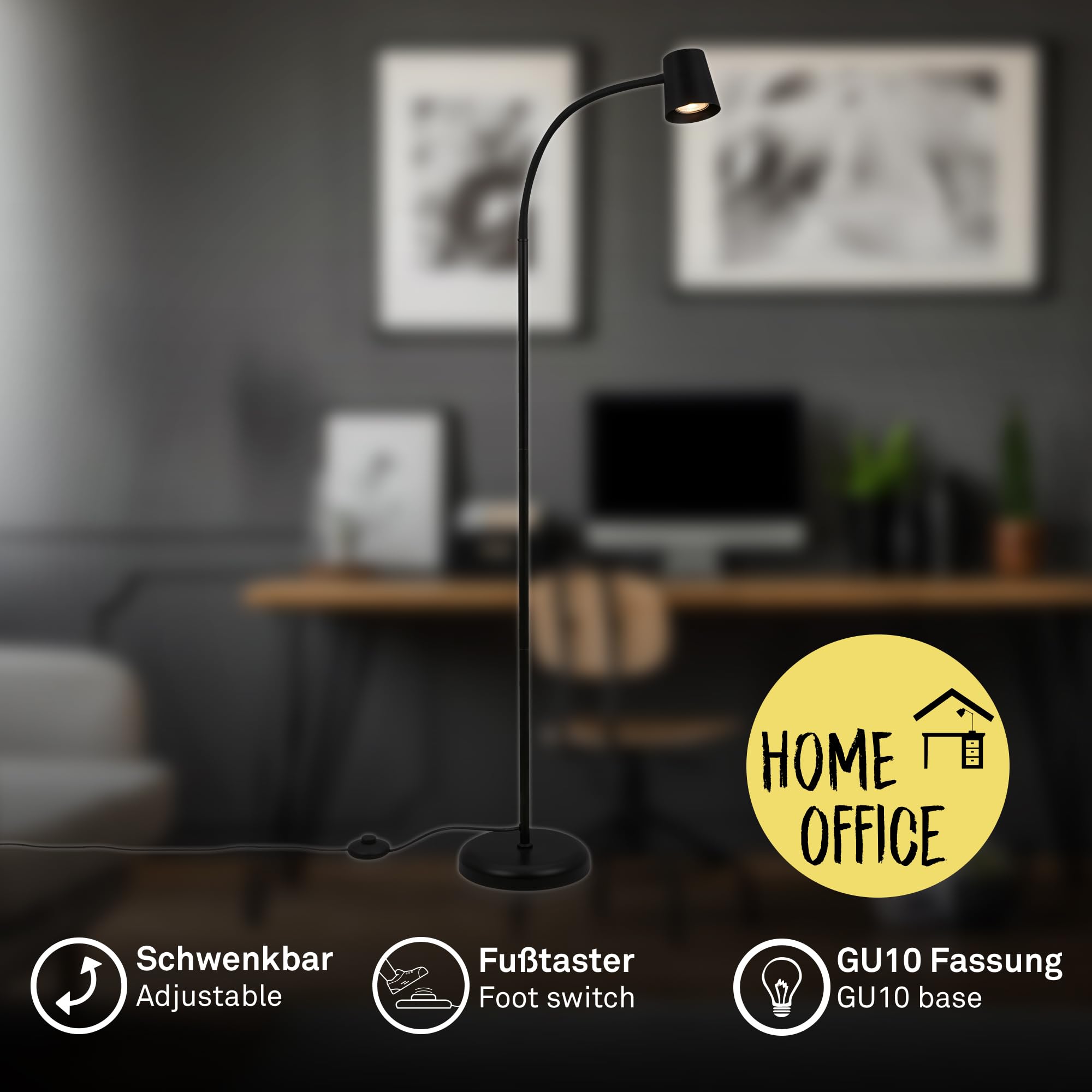 BRILONER – Stehlampe als Deko im Wohnzimmer und Leselampe, Schwenkbare Lampe, Wohnzimmerlampe, Fußtaster, Indirekte Beleuchtung, Schwarz