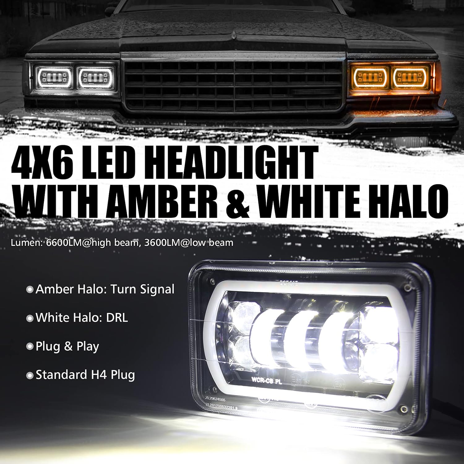 OPP ULITE 4x6 Led Headlights with White DRL Amber Turn Signal Halo Light, Seal Beam H4651 H4656 H6545 H4668, 4PC Pack (1730S-4)