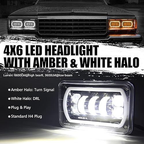 Miniatura 4 de OPP ULITE Faros delanteros LED 4x6 con luz blanca DRL ámbar señal de giro Halo, haz de sello H4651 H4656 H6545 H4668, paquete de 4 piezas (1730S-4)