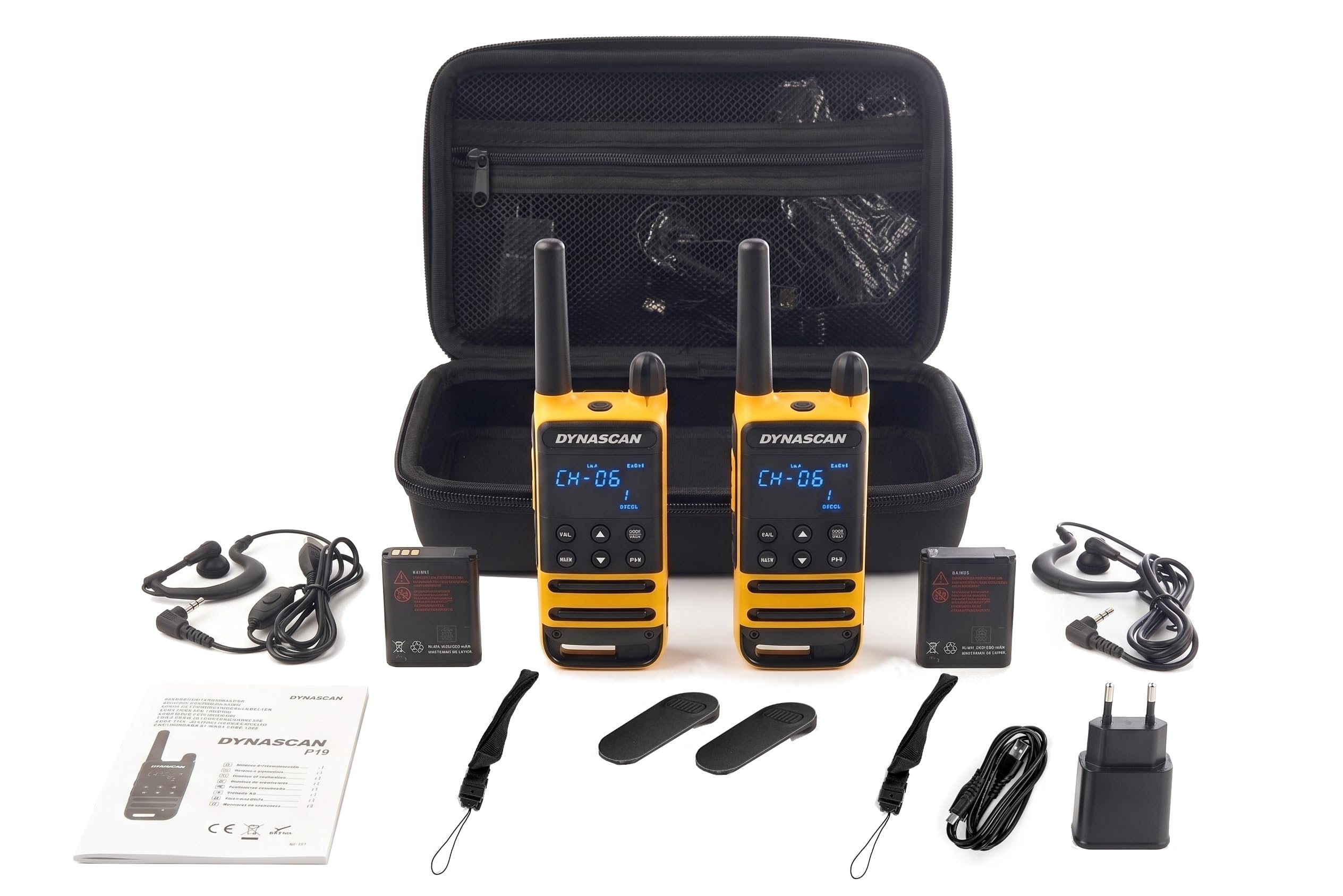 Dynascan P19 Pack de 2 Talkies-Walkies PMR446 avec Mallette de Transport et Oreillettes – Usage Libre, IP54, Portée 10km, Écran LED Invisible, Alerte Vibration