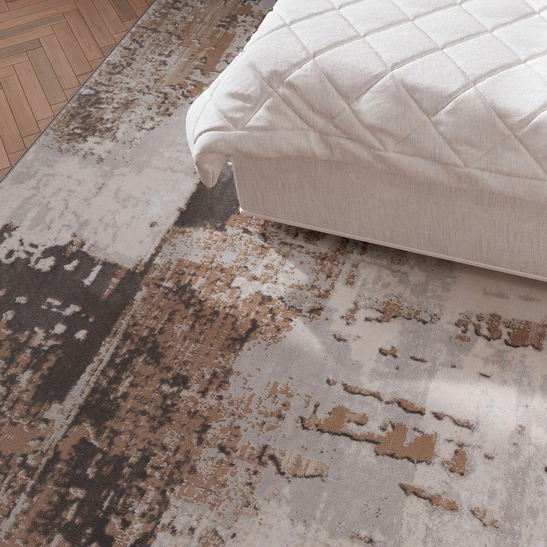 Luxury Greige Painterly Living Room Area Rug Neutral Jamaica - View #6