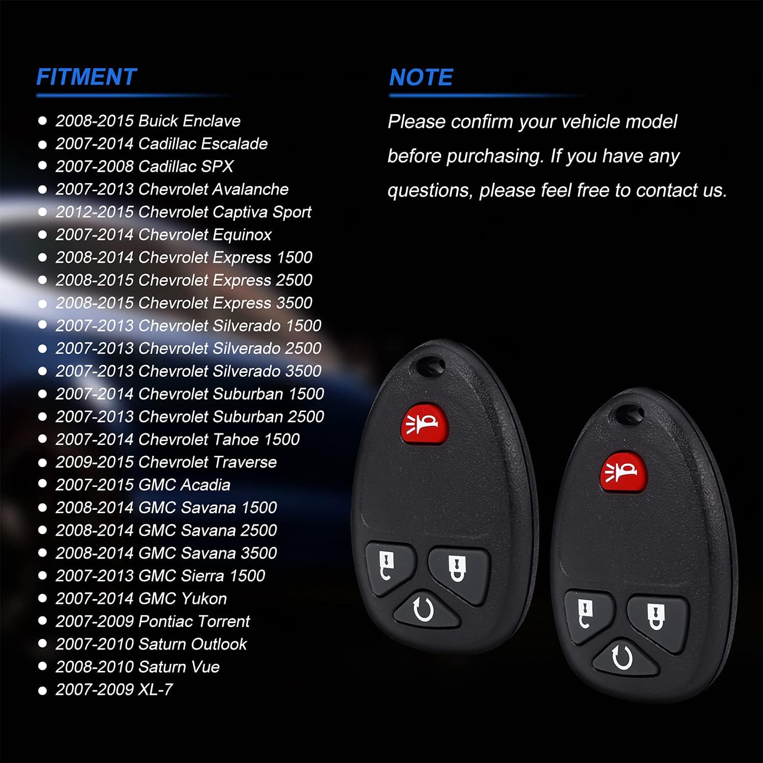 Pilida Key Fob Keyless Entry Remote: Keyless Control Clicker Compatible with Chevy SilveradoTraverse Equinox Avalanche GMC Sierra Pontiac Torrent Saturn Outlook Vue Replacement of OUC60270 OUC60221