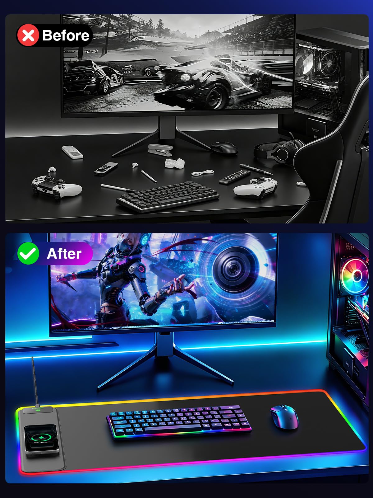 Tappetino per mouse con ricarica wireless, 80 x 40 cm, grande tappetino da scrivania per gaming, 24 effetti di luce, base antiscivolo, impermeabile, superficie liscia