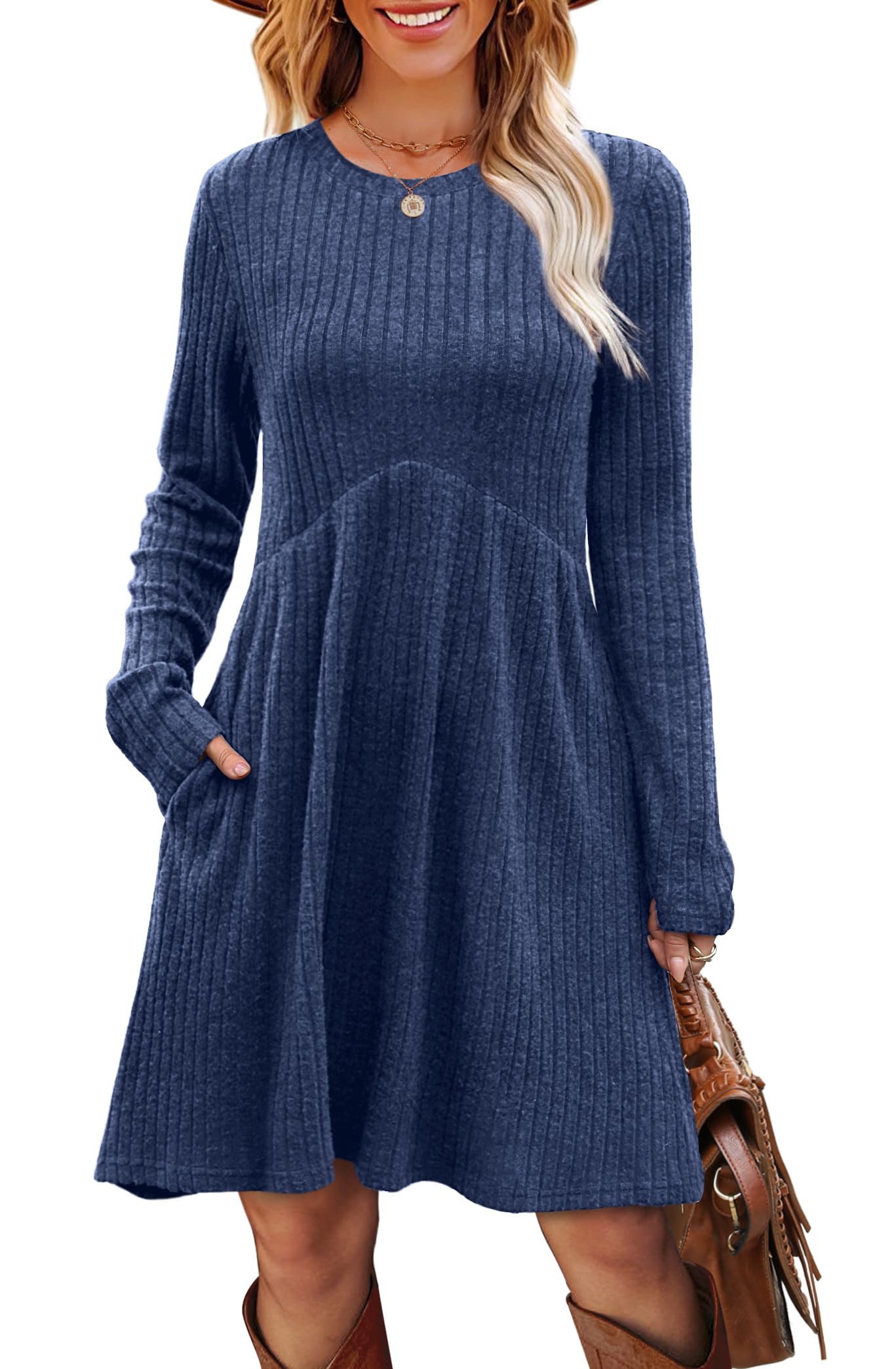 OFEEFAN Long Sleeve Dress for Women Crew Neck Empire Waist Tunic Dress with Pockets