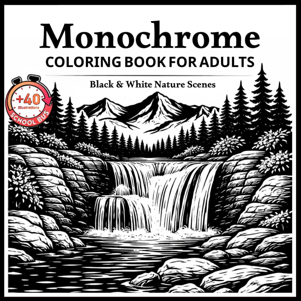 Monochrome Coloring Book for Adults: Easy Black & White Nature Scenes for Relaxation and Calm