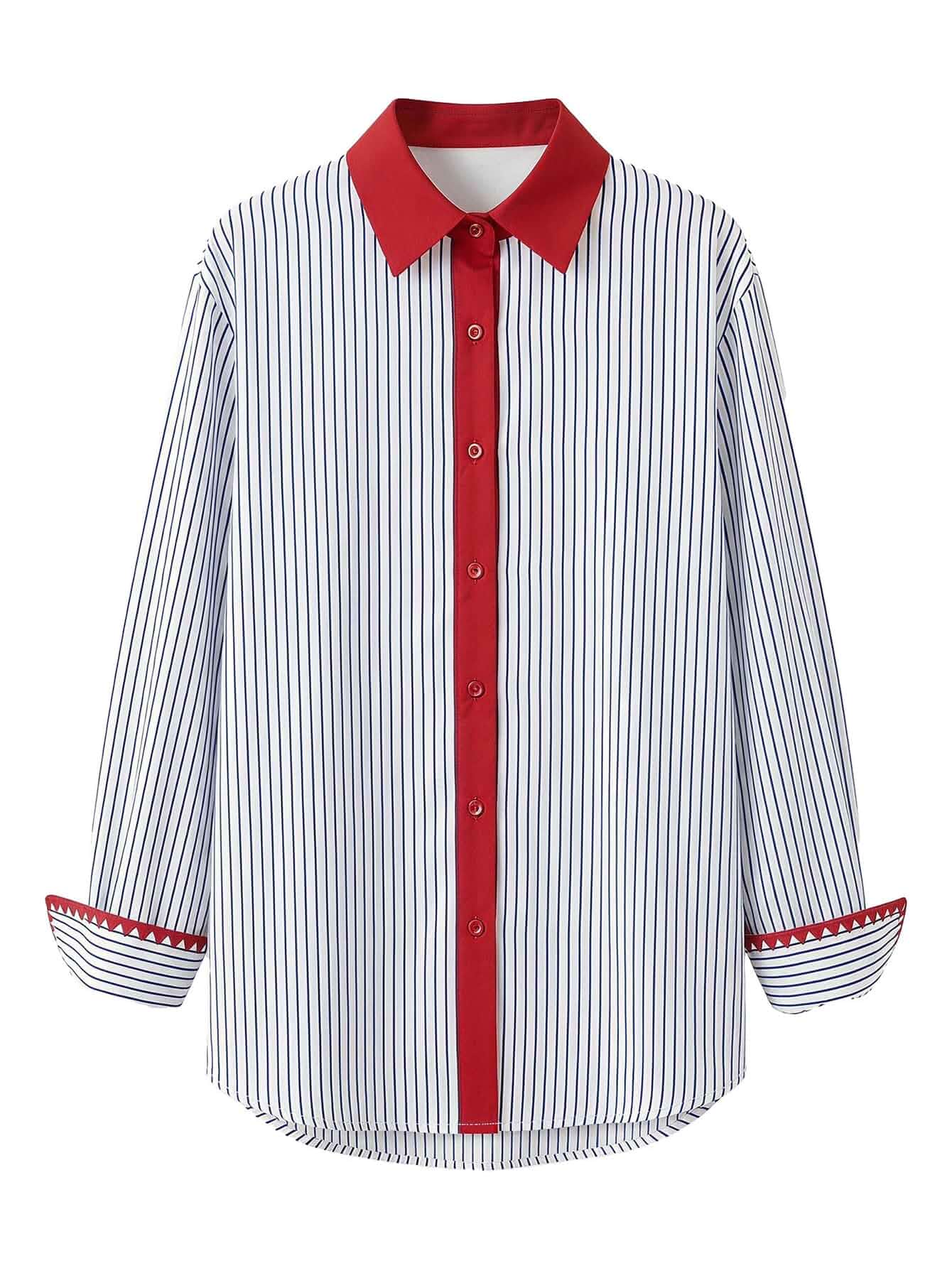 Verdusa Women's Striped Button Down Blouse Long Sleeve Shirts Chic Outfits Striped Business Casual Office Button Up Collared Color Contrast Fall Elegant Dressy Travel Trendy