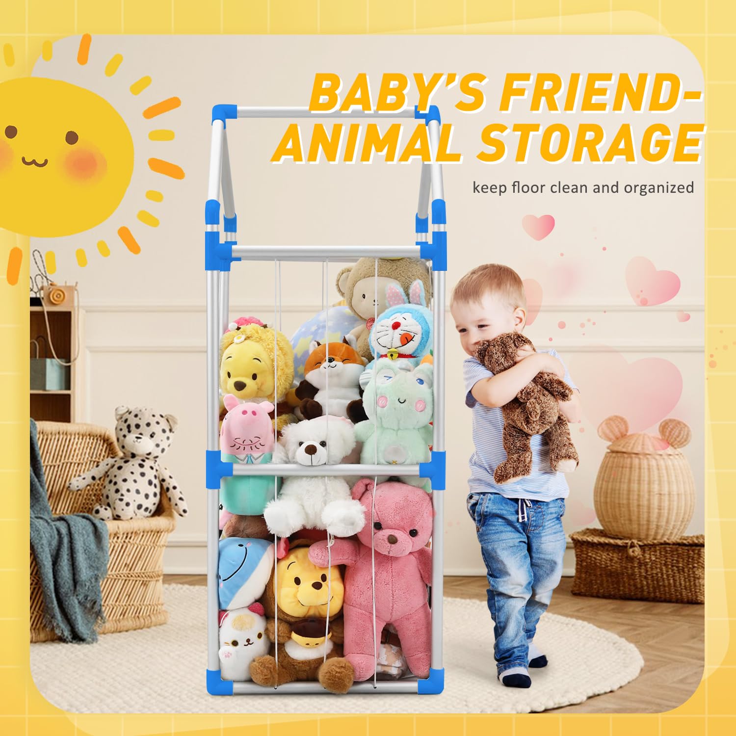 TOPHDY Stuffed Animal Storage Toy Organizer - Stuffed Animal Zoo with Lights - Metal Large Storage Cage for Nursery Playroom Bedroom (Blue Large)