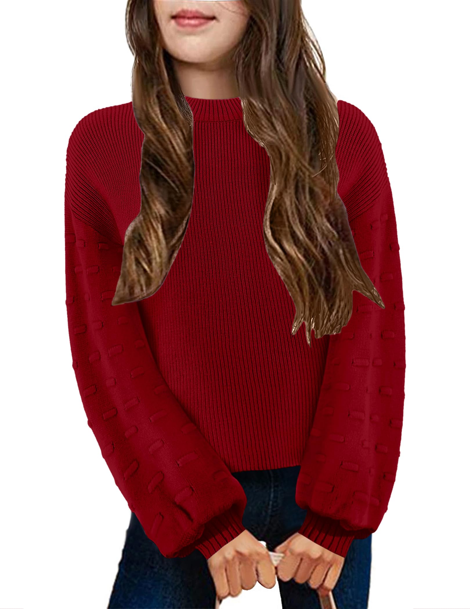 Arshiner Girls Crewneck Sweaters Chunky Lantern Sleeve Knit Jumper Tops Casual Drop Shoulder Pullover Outwear for 5-13 Years