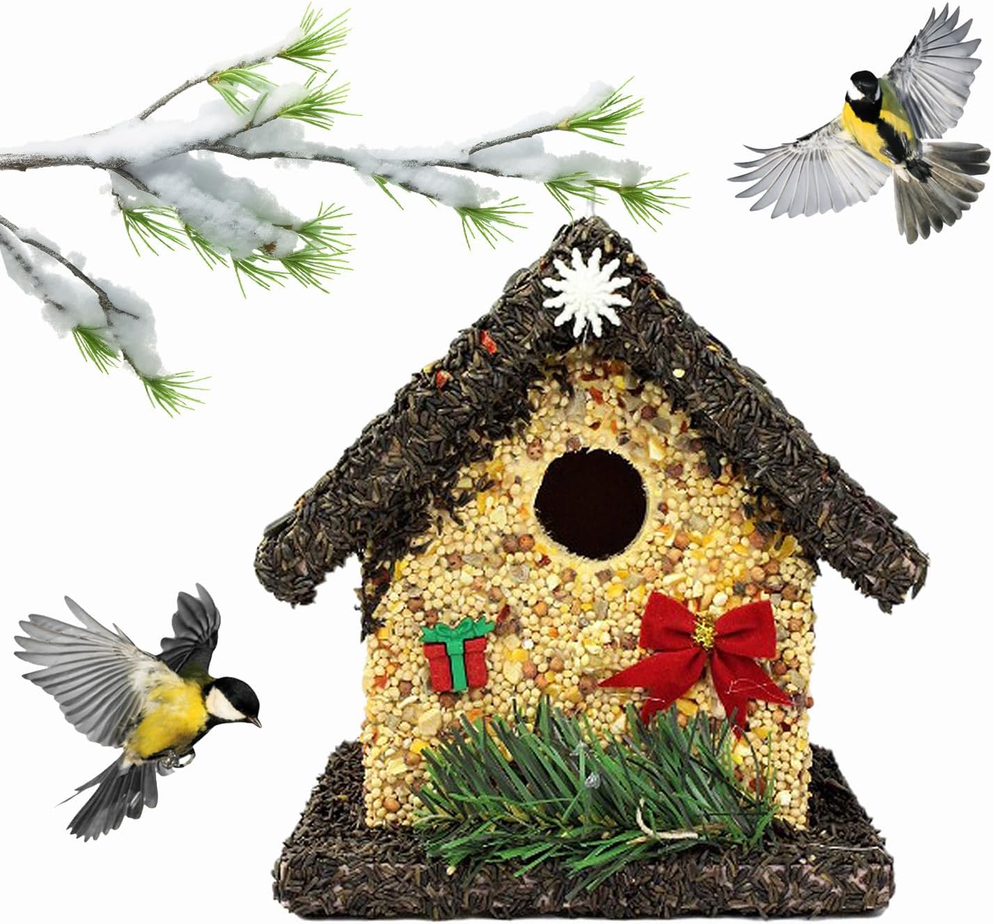 Handmade Edible Birdhouse- Unique Wooden Birdhouse Covered w/Birdseed- Reseedable Bird Feeder-Made in USA- Holiday Design! (SD)