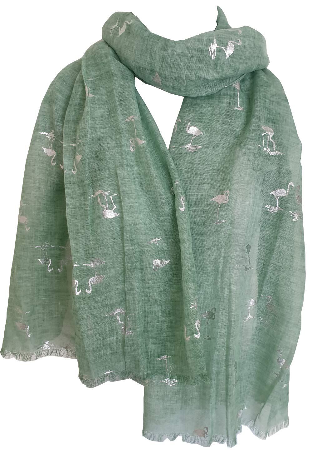 Glamlondon Women's Green Mint Flamingo Print Scarf Silver Foil Birds Wrap (Green Mint)
