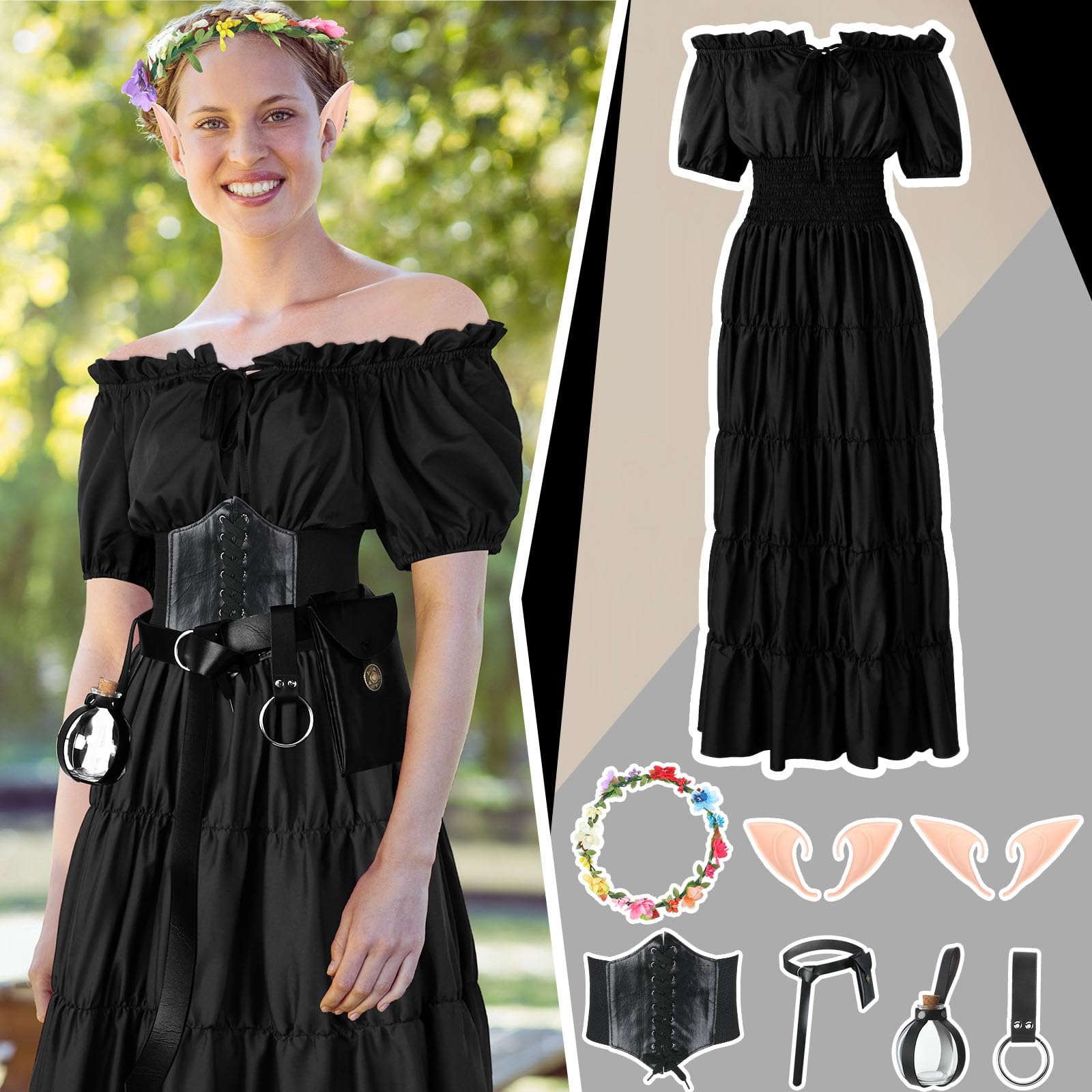Ramede Elf Dresses for Women Victorian Renaissance Costume Medieval Fairy Irish Witch Costume Outfit Halloween(Black, Large)