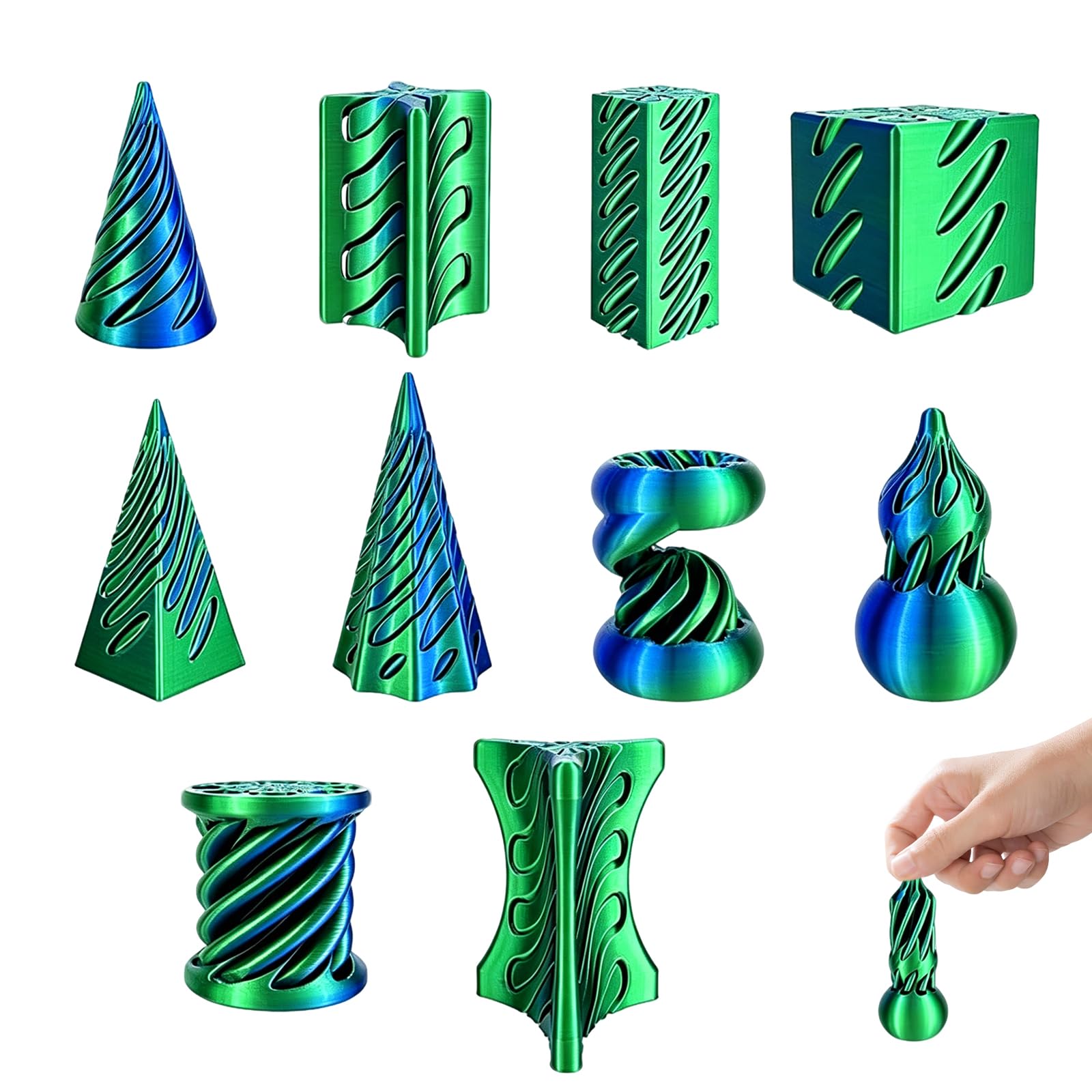 DiiWmme 10 Pack 3D Printed Fidget Toy Set, Impossible Magic Passthrough Stress Relief and Focus Toy Fidget Set, Anxiety Sensory Toy for Office Desk, Travel, Classroom (Blue and Green)