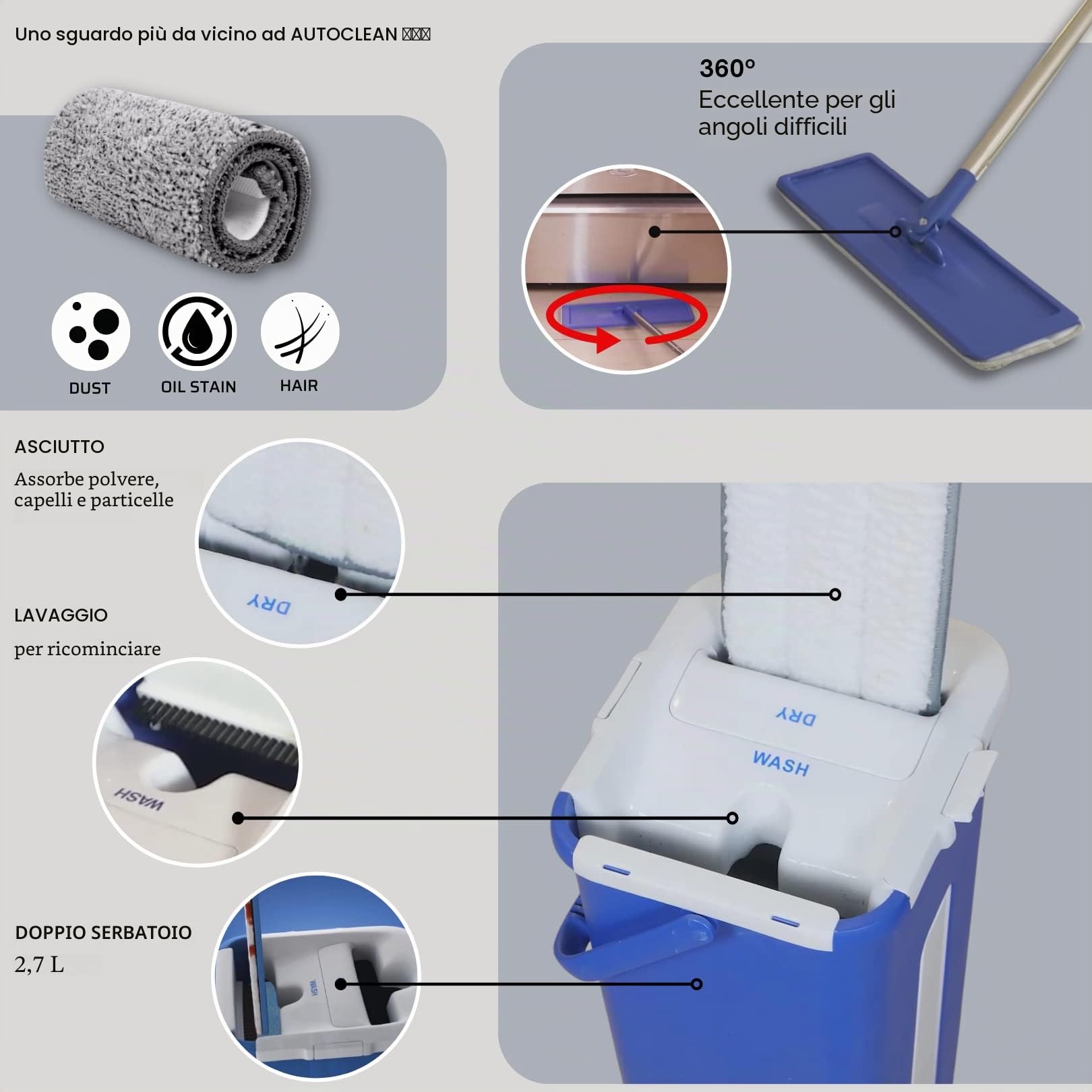 Set Mocio Lavapavimenti e Secchio Autoclean Mop 360º, Doppia Vaschetta,Uso Bagnato e Asciutto, Manico in Acciaio Inox, Panno in microfibra incluso, Mocio Lavapavimenti Rotante
