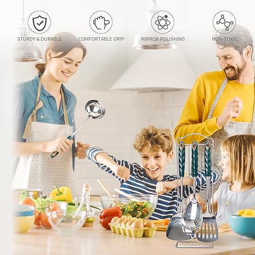 Miniatura 3 de Juego de utensilios de cocina de acero inoxidable 304 pulido espejo con soporte, 7 piezas de utensilios de cocina de metal de alta calidad con mango