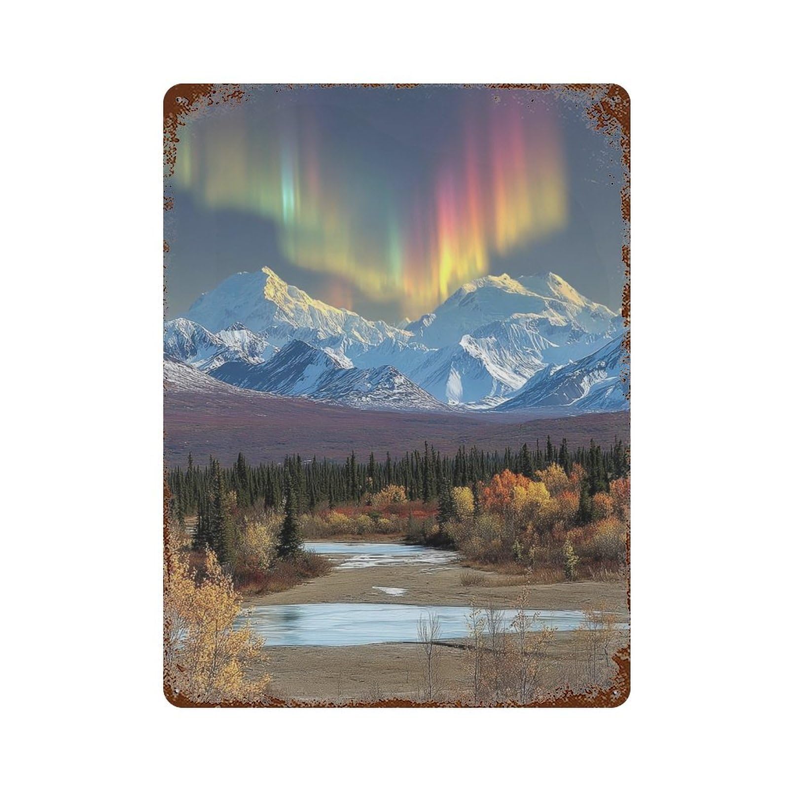 Aurora Borealis Over Mountains 15.7"x11.8" Aged Metal Wall Plaque, Classic Wall Plaque for Pub, Kitchen And Man Cave Decor