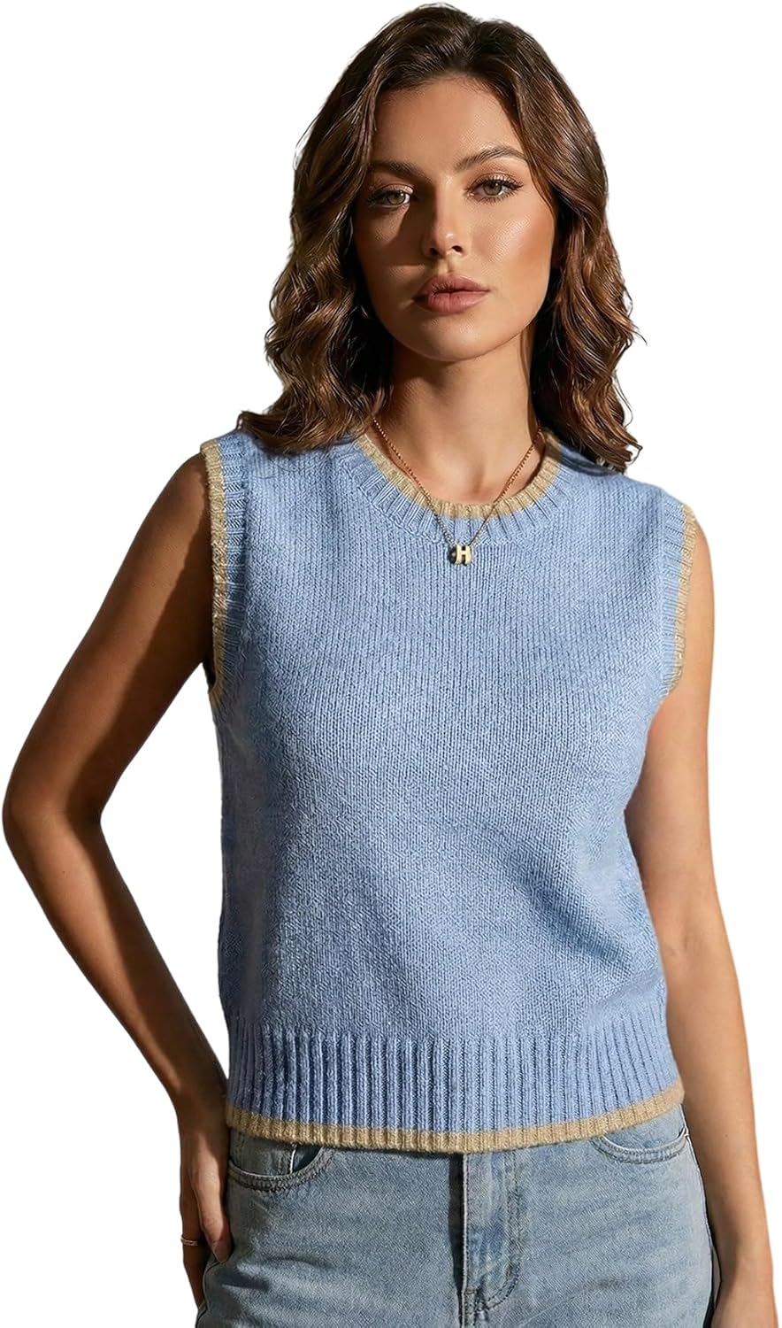OYOANGLE Women's Crew Neck Sweater Vest Loose Lightweight Sweater Tank Top Pullovers Knitwear