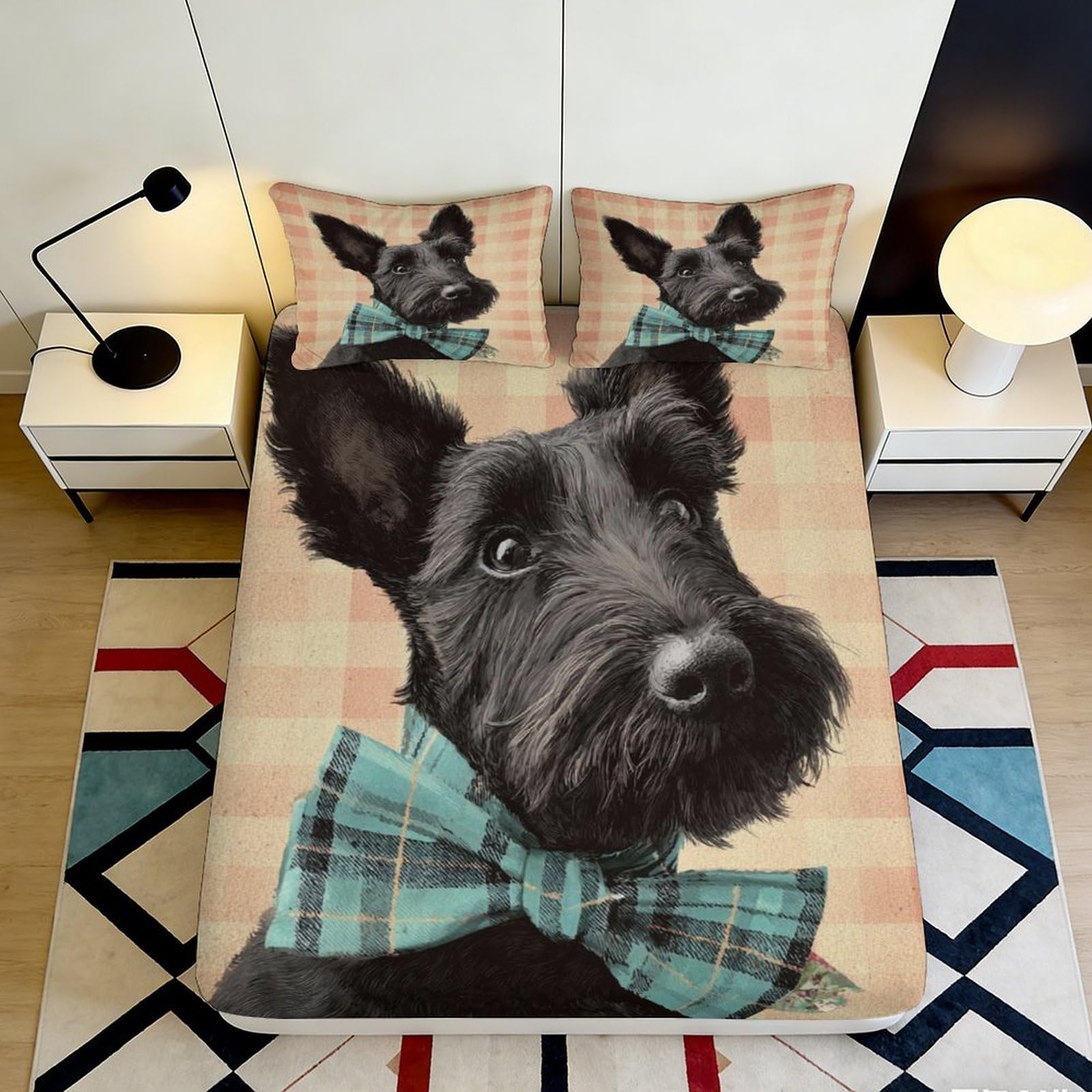 3D Printed Scottish Terrier Fitted Sheet Microfiber Plaid Bowtie Bed Cover for Bedroom Dorm Mattress Protection Decor 90x200x25cm