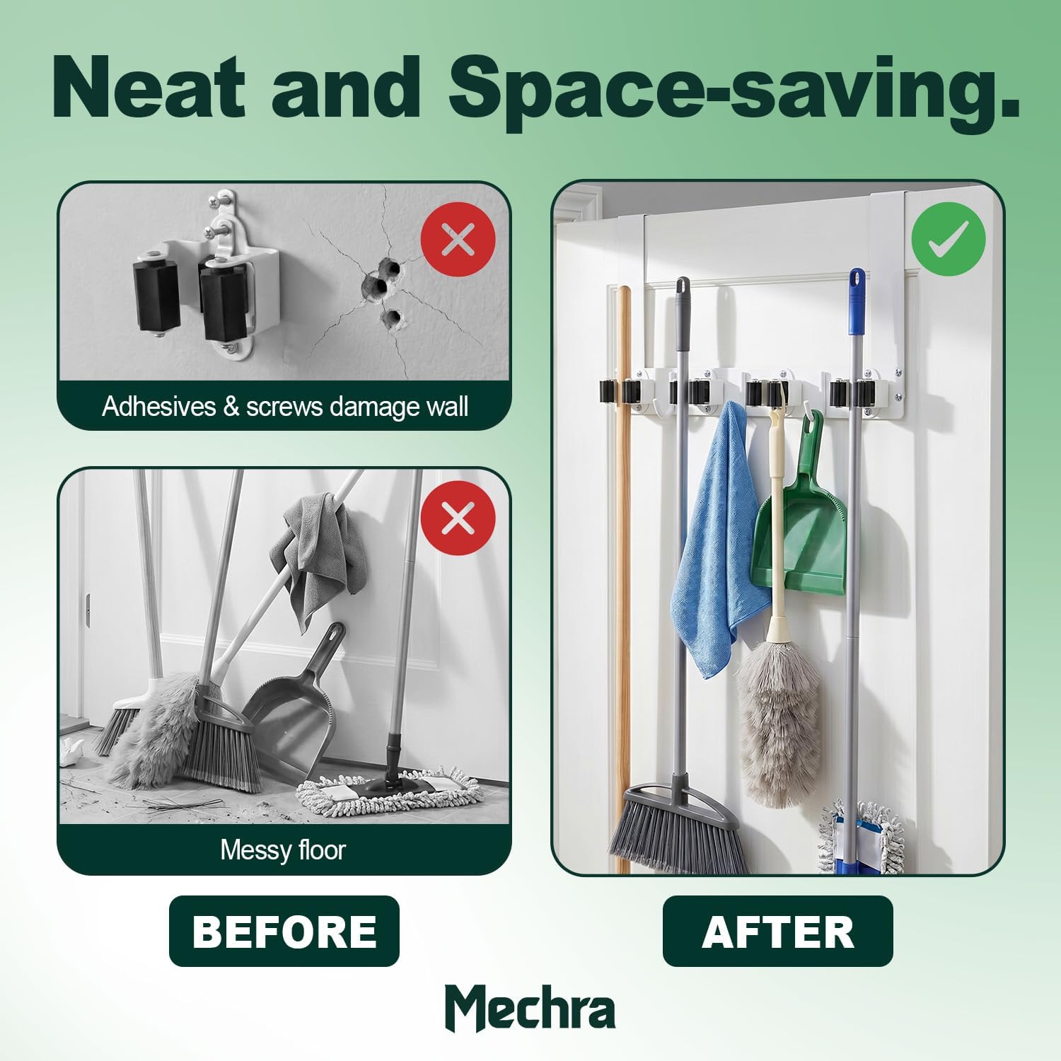 Over The Door Broom and Mop Holder, Heavy Duty Stainless Steel Organizer with 4 Slots and 3 Hooks, No Drilling Space Saving Tool Hanger for Kitchen, Laundry Room, Closet, and Garage - White image 5