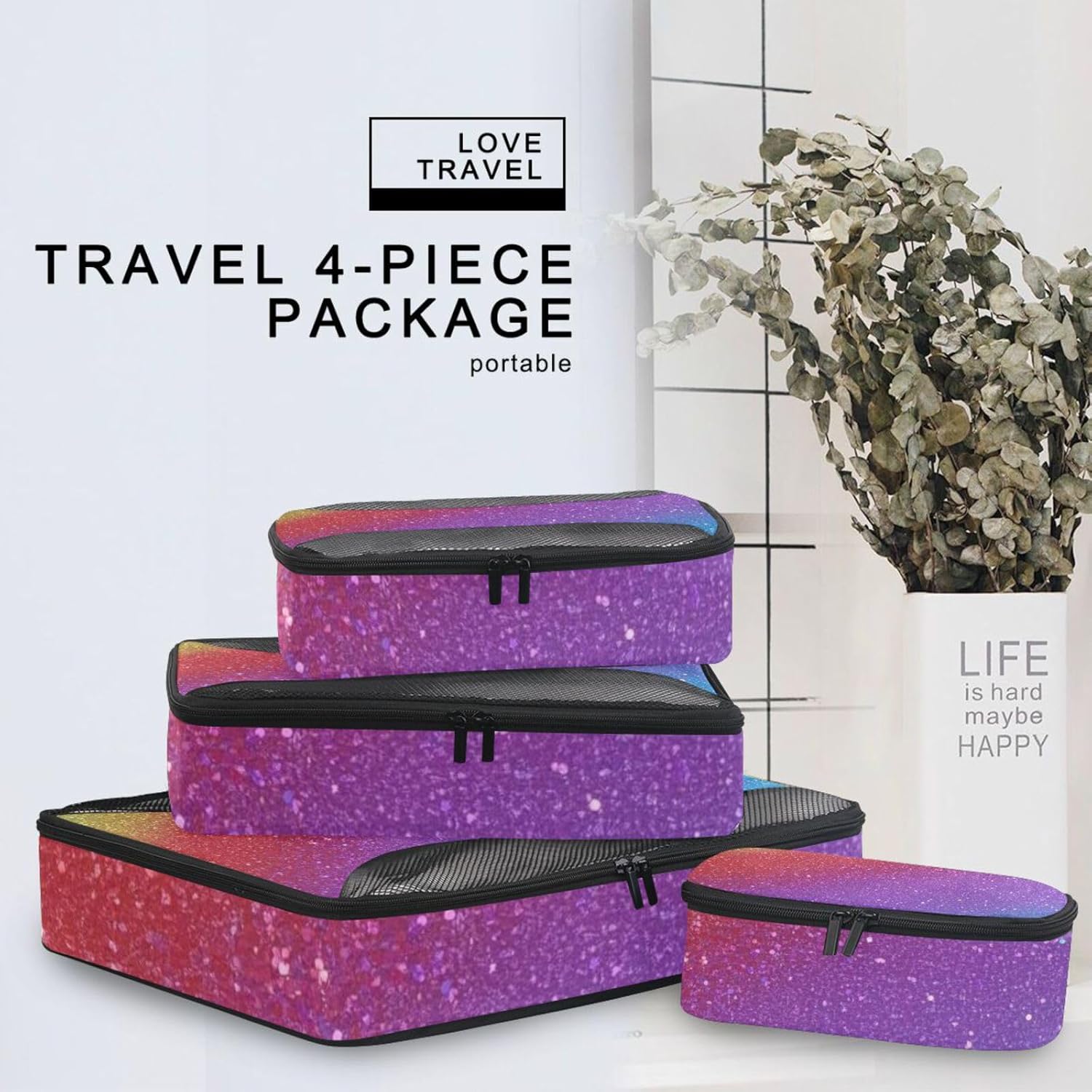Rainbow Gradient Glitter 4 Pcs set organizer for travel Mesh Travel Essentials expandable packing cubes