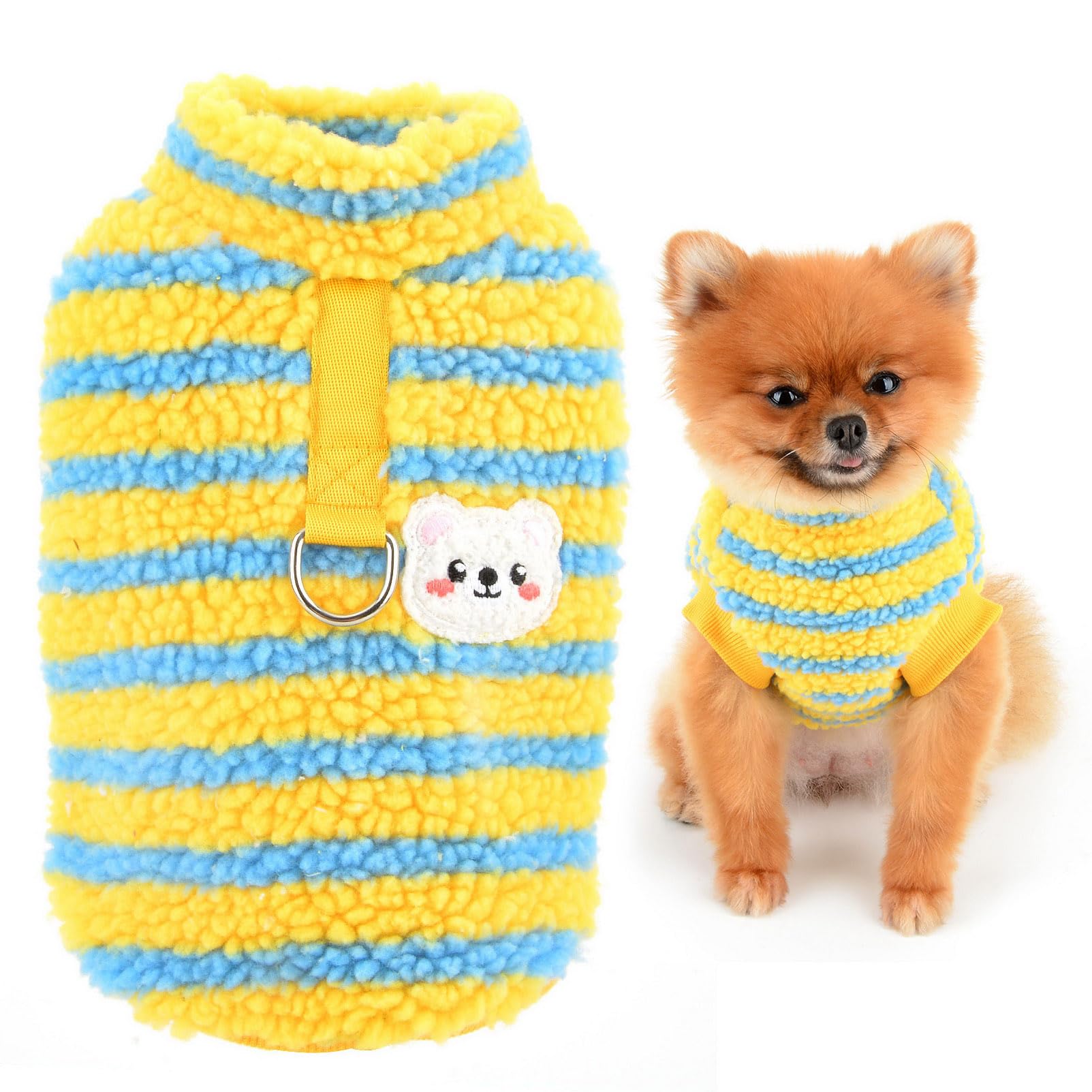 SMALLEE_LUCKY_STORE Colorful Striped Dog Fleece Jumper Stretchy Pullover Soft Warm Dog Cold Weather Coat for Small Dogs Cats with Leash Ring Puppy Yorkie Chihuahua Fall Winter Clothes,Yellow,XL