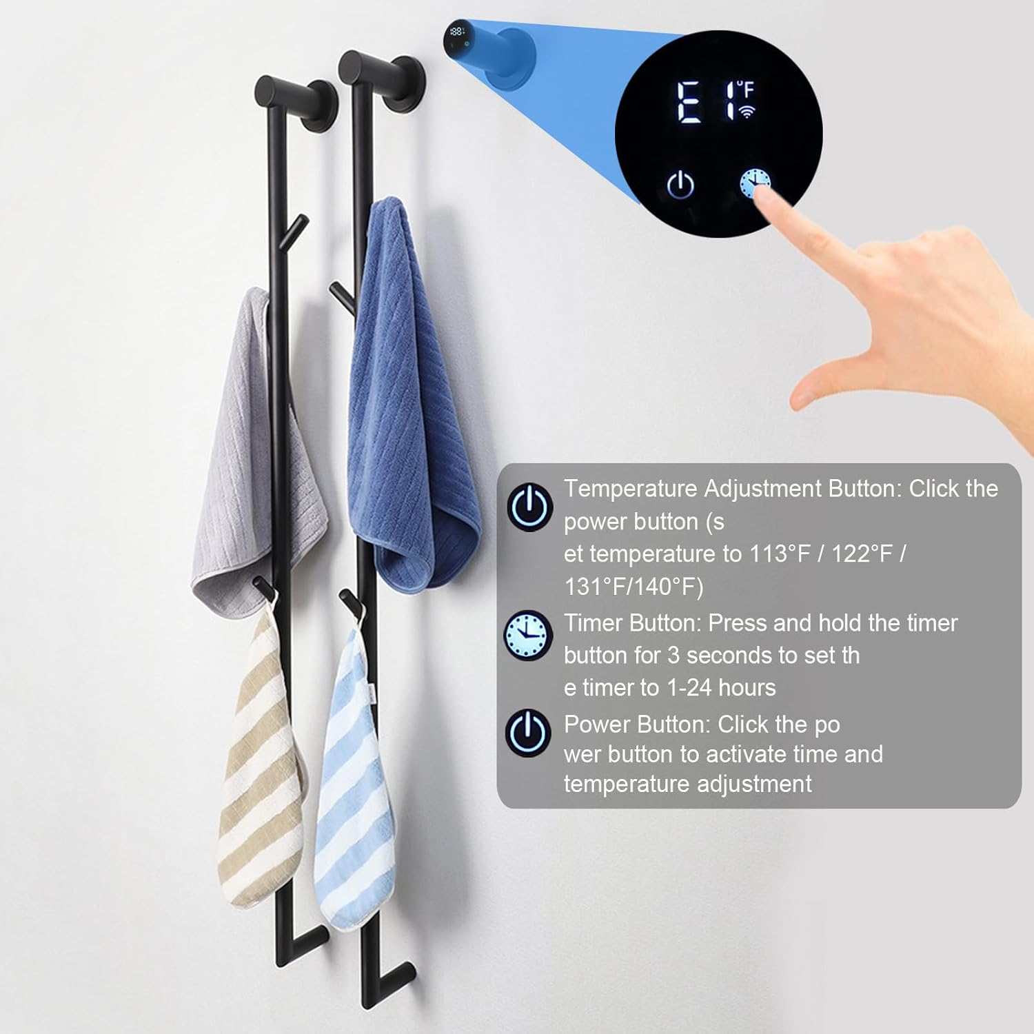 Heated Towel Rack, 94W 2 Bars Towel Warmer Touch Control 40-70°C Radiator Towel Rail Stainless Steel Wall Mounted Towel Radiator Embedded Electric Towel Rail Timer 1-24H, 36 * 10 * 120cm