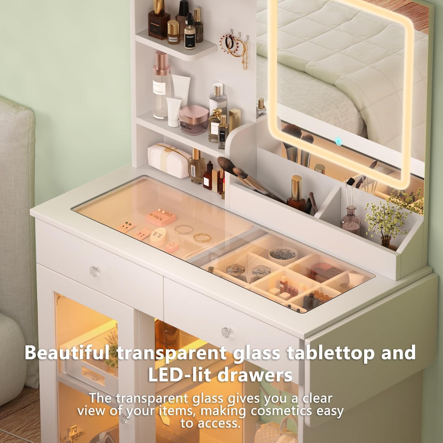 41.3" Makeup Vanity with Sliding Mirror & LED Lights, Dressing Table with Charging Station, Storage Stool, 3 Drawers, RGB Lighted Cabinets & Open Shelves, Modern Vanity Desk for Bedroom, White