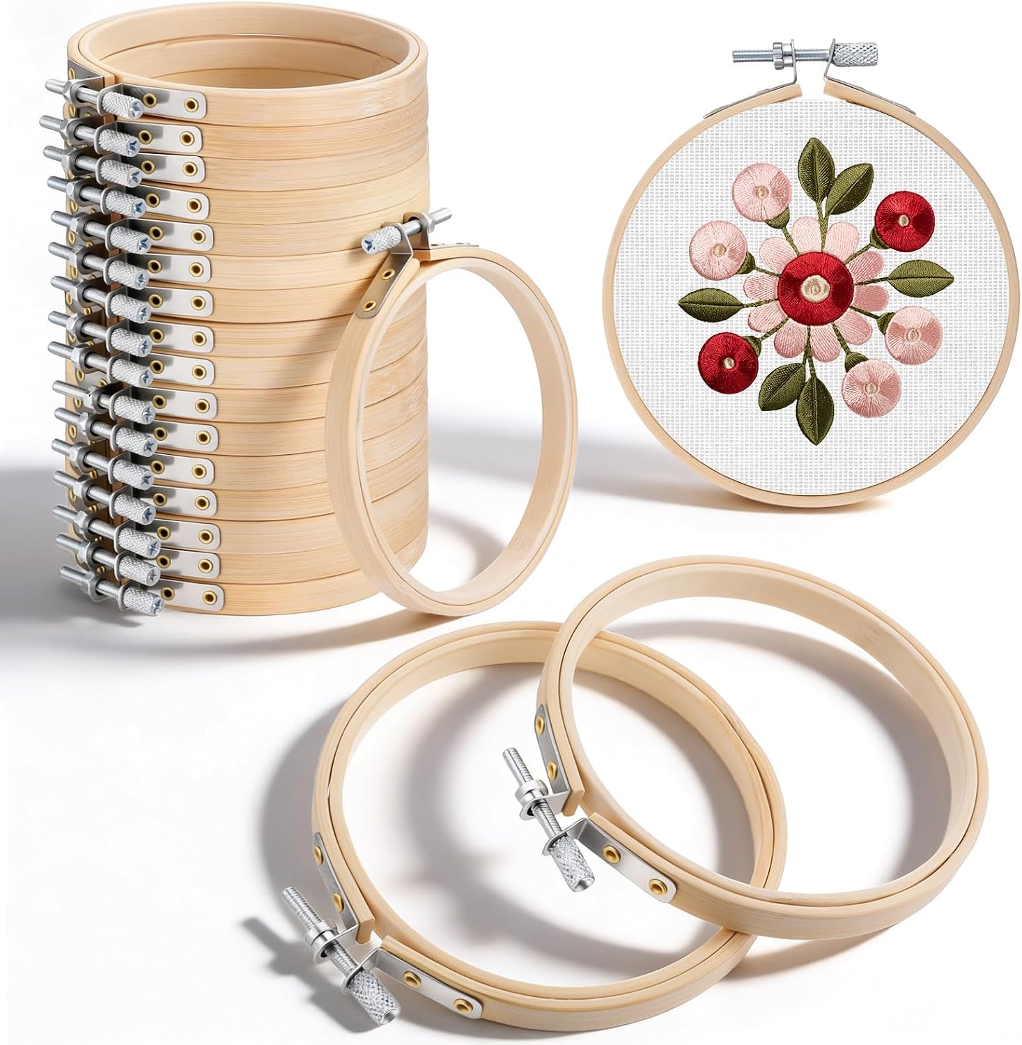 20 Pieces 4 Inch Embroidery Hoops, Adjustable Small Embroidery Hoop Bamboo Embroidery-Hoops Wooden Round-Embroidery Hoop for Gifting and Decorating Cross Stitch, Craft Sewing