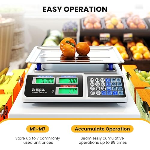 Miniatura 5 de Giantex Báscula de cálculo de precios 66 lb30 kg, báscula comercial recargable de alimentos con pantalla LCD doble, plataforma de acero inoxidable,