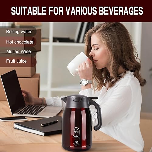 Miniatura 9 de Jarra térmica de café de 56 onzas, gran capacidad, doble pared aislada al vacío de acero inoxidable y servidor de bebidas calientes, sin BPA,