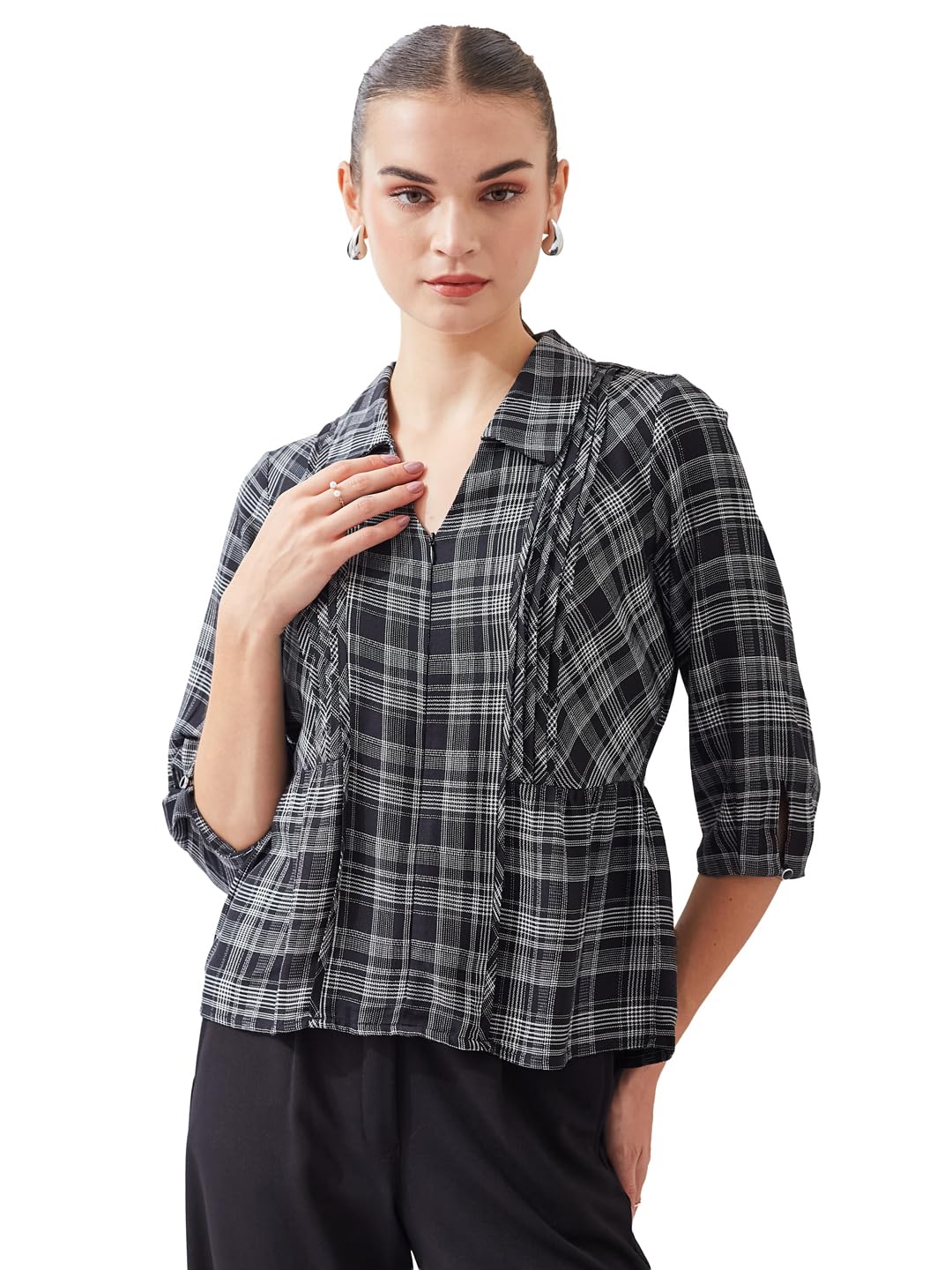 Latin Quarters Women's Black 3/4Th Sleeves Spread Collar Casual Checked Top-picture-15